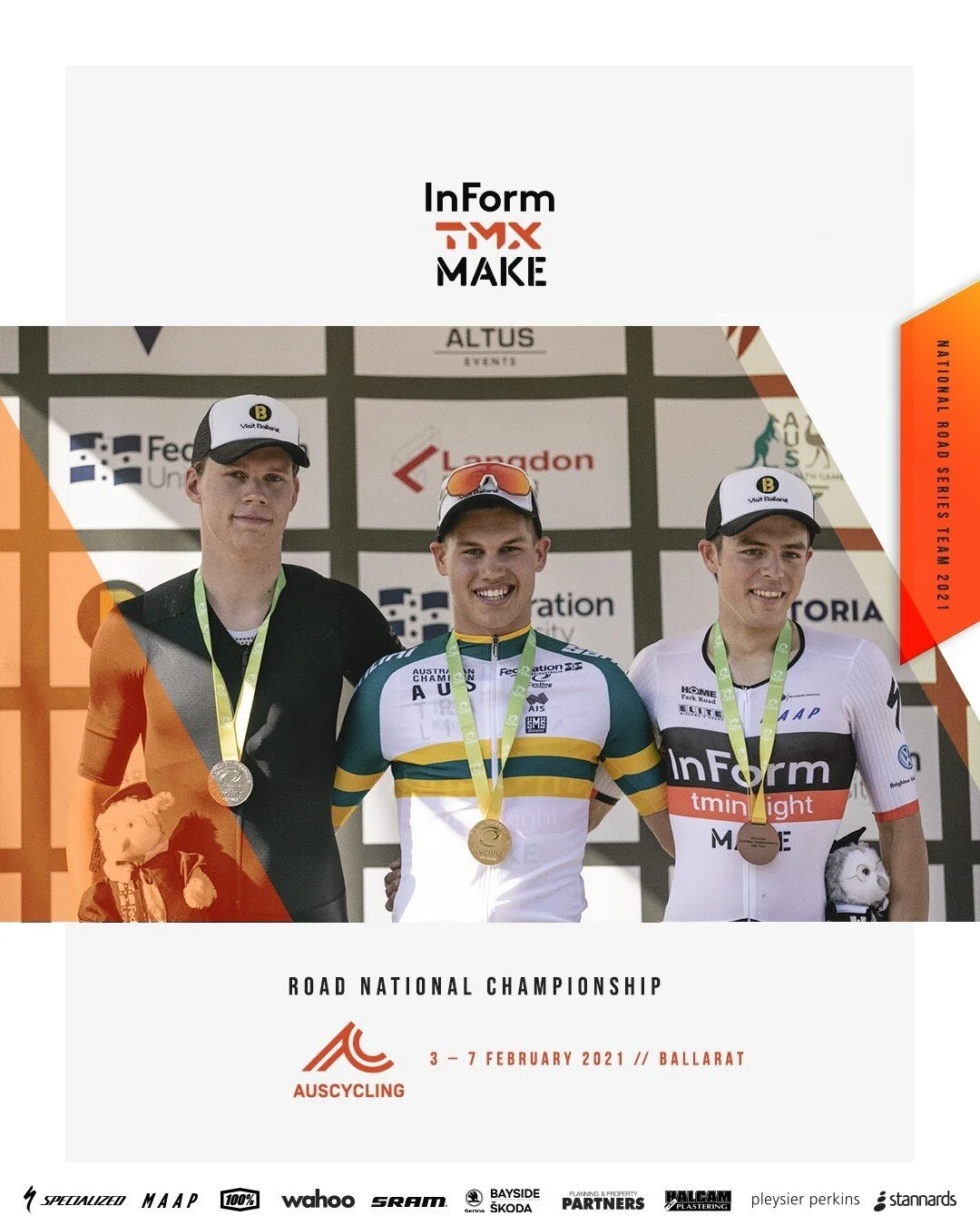 The 2021 Ballarat Road National championship kicks off tomorrow at 12pm with the TT. We look forward to seeing our young guns go hard this week and hopefully the weather holds on as not to make a repeat of last years wet and gnarly conditions. Stay tuned on our stories for updates on results and more! 

Featured in this post is Kell O'Brien, Luke Plapp and Carter Turnbull enjoying the glory at last years ITT U23 Champs! Wish them Luck!
.
.
.
InForm  @inform_melbourne
TM Insight  @tminsight
MAKE  @make.ventures
Specialized  @specialized_au
MAAP  @MAAP.CC
Quarq  @Quarq
FE Sports  @fe_sports
Wahoo Fitness  @wahoofitnessofficial 
SRAM  @sram_australia
100%  @ride100percent / @fe_sports
SKODA  @baysideskoda 
Pleysier Perkins  @pleysierperkins
Stannards  @stannards.accountants
Halcam  @halcam_plastering
