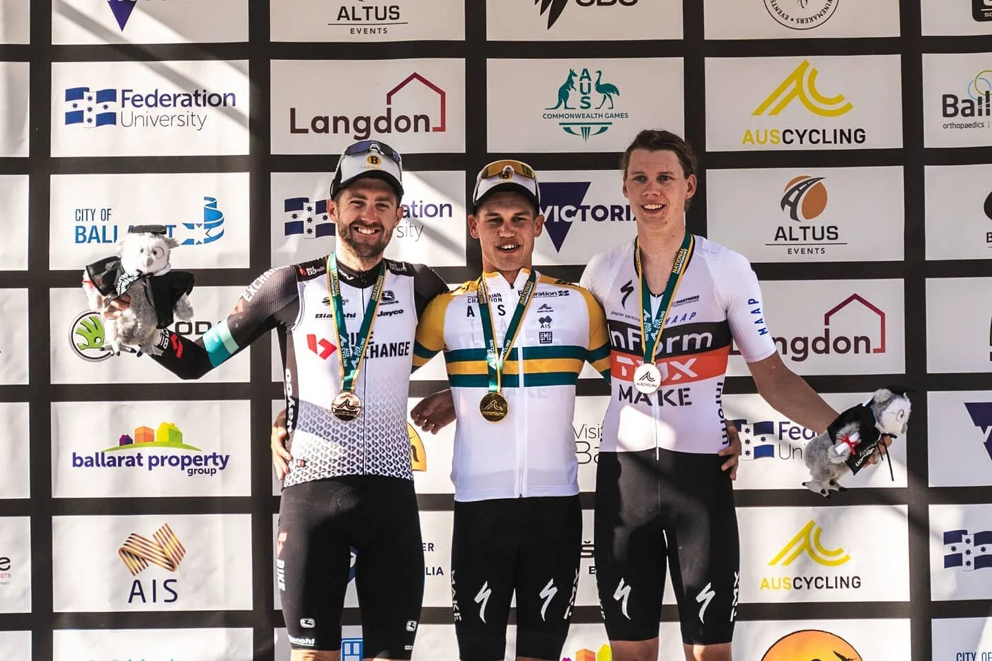 Congratulations to our riders  in the elite men's TT catagory for an absolutely incredible result.

🥇1st - Lucas Plapp - 46:00.73
🥈2nd - Luke Durbridge (Team Bike  Exchange) - 46:43.50
🥉3rd - Kell O'Brien - 47:11.72

We look forward to tomorrow's U23 and Elite Men's Criterium!
.
.
.
InForm  @inform_melbourne
TM Insight  @tminsight
MAKE  @make.ventures
Specialized  @specialized_au
MAAP  @MAAP.CC
Quarq  @Quarq
FE Sports  @fe_sports
Wahoo Fitness  @wahoofitnessofficial 
SRAM  @sram_australia
100%  @ride100percent / @fe_sports
SKODA  @baysideskoda 
Pleysier Perkins  @pleysierperkins
Stannards  @stannards.accountants
Halcam  @halcam_plastering