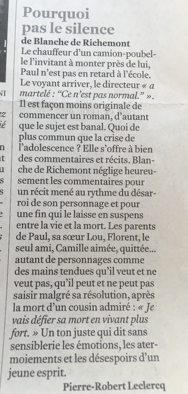 Pourquoi pas le silence. Le Monde. Aout 2008