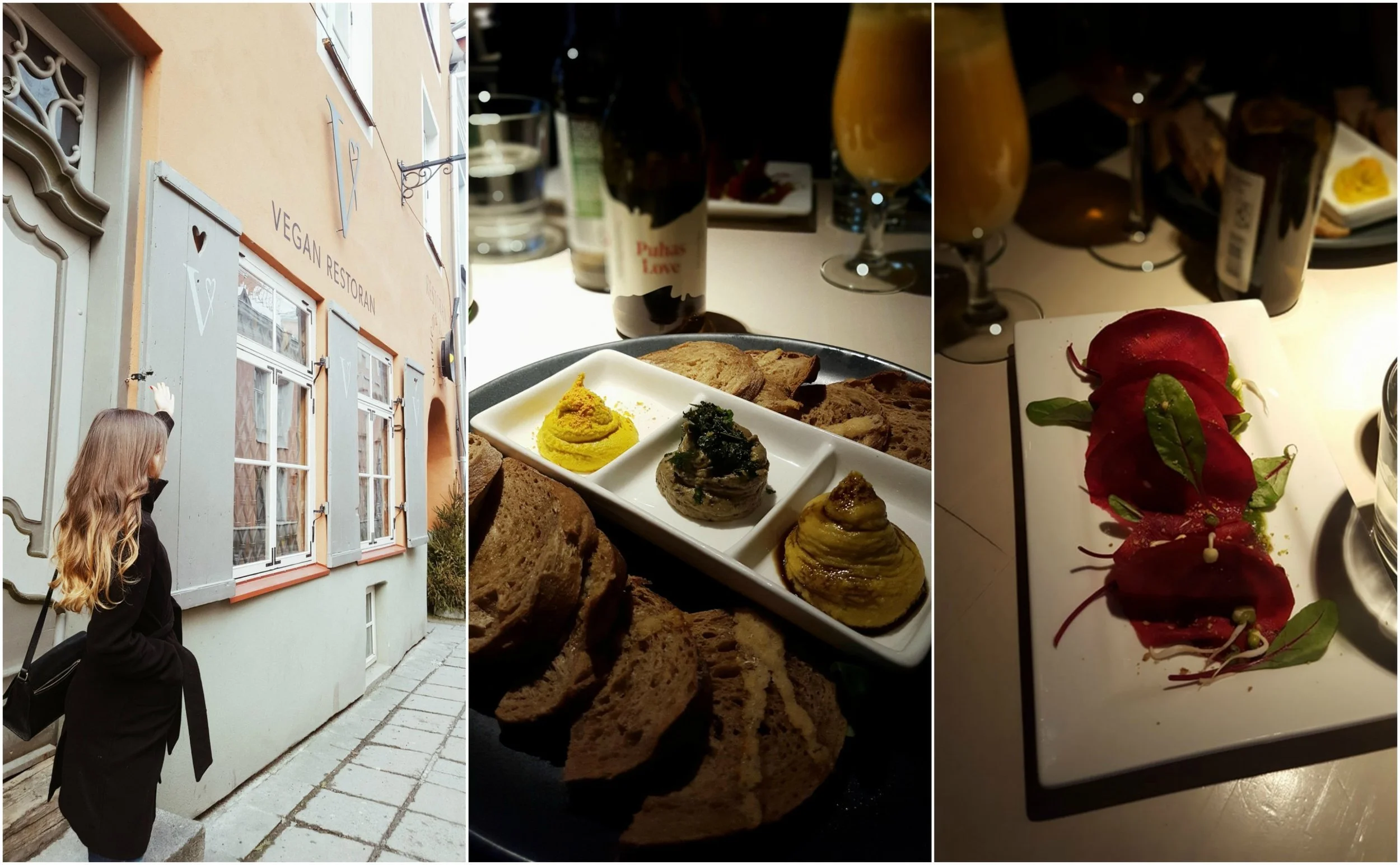 FÖRRÄTT: Bild1 : Bild på fina fasaden! Bild 2 : Snack platter 9.60 € (Smoky carrot „salmon“, marinated butter beans, olives, baked zucchini with cashew cream, lentils and mushroom pâté, vegan cheese, grilled tempeh) Bild 3 : G Beetroot ravioli with cashew cheese 5 € Jaha, vad tyckte vi om det här då? Jättegott! Dels var det roligt att testa lite av den estländska maten (bild 2) också var det stor skillnad på alla röror och goda, kompletterande smaker. Prisvärt och gott! 