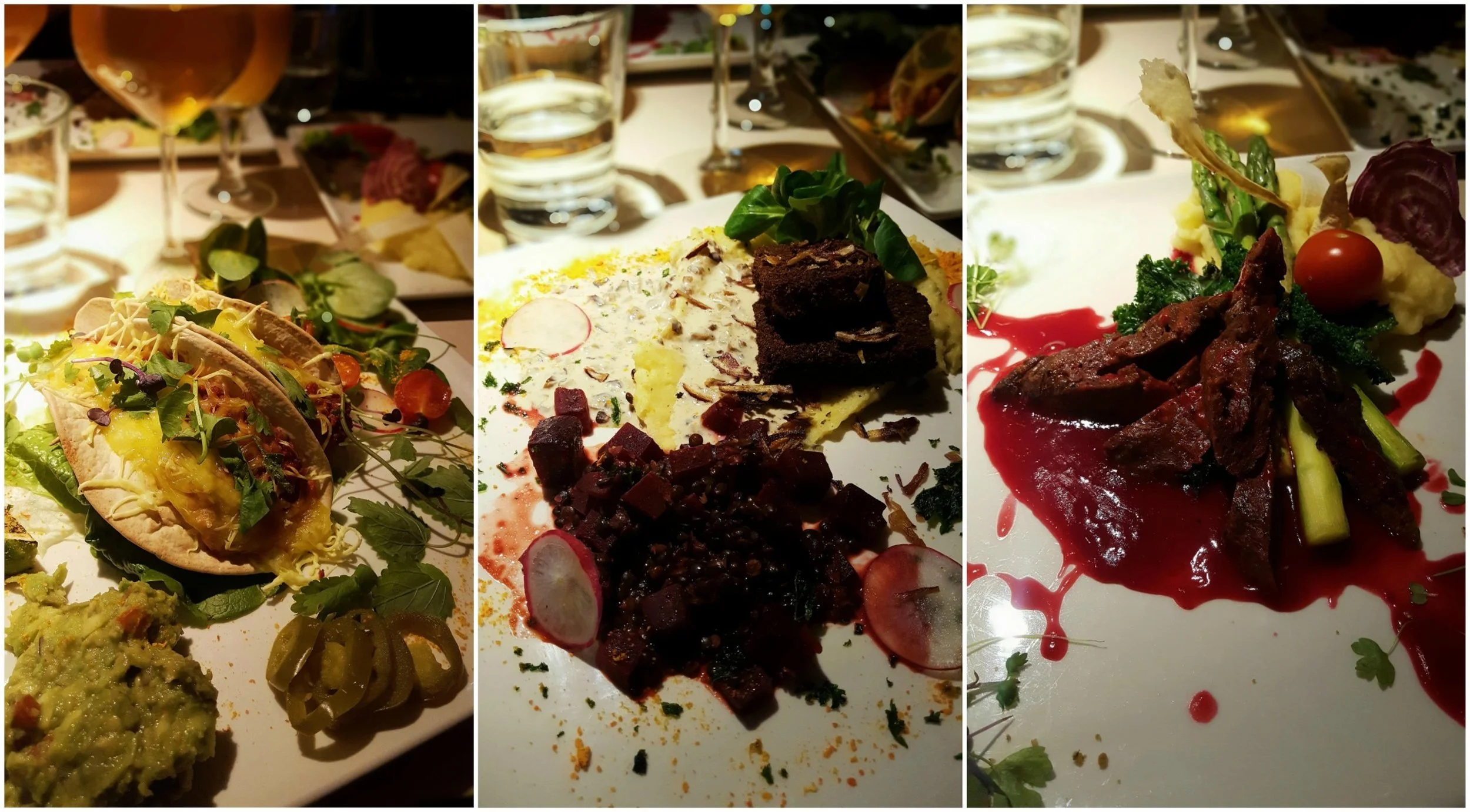 Bild 1: Spicy oven-baked seitan tacos with cheese and guacamole 9.80 € Bild2 : Tofu breaded with black bread, potato and hemp seed mash with creamy wild mushroom sauce 9.50€ Bild 3 : Dagens Speciel Offer, 9.50 €. Ölmarinerad seitan med tranbärssås, sparris och citondoftande potatismos. Mycket goda, och billiga (!!) huvudrätter som även där var helt olika varandra. Alla i sällskapet hade olika favoiter vilket brukar betyda gott betyg och hög standard!