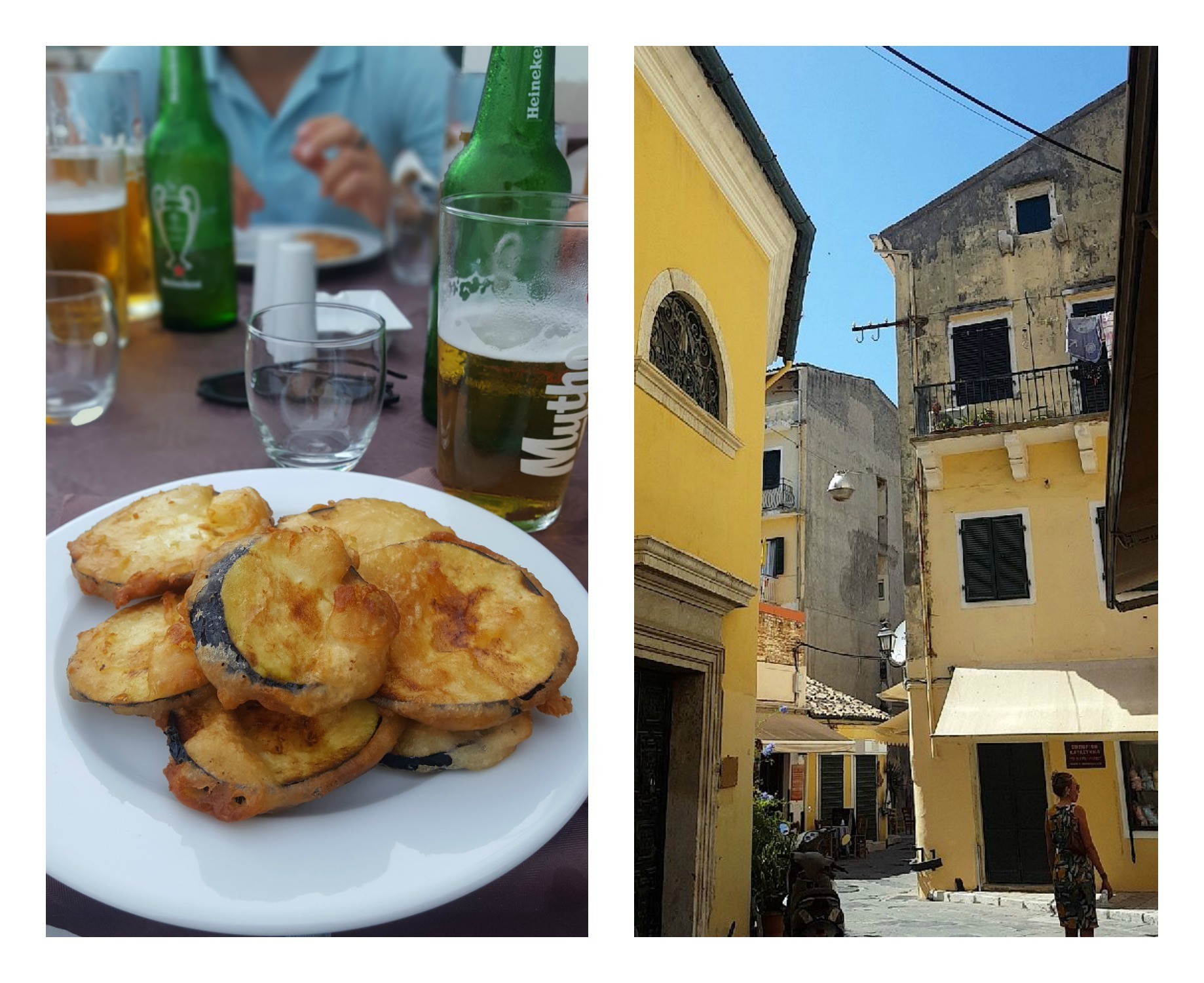 Friterad Aubergine och Corfu old Town.