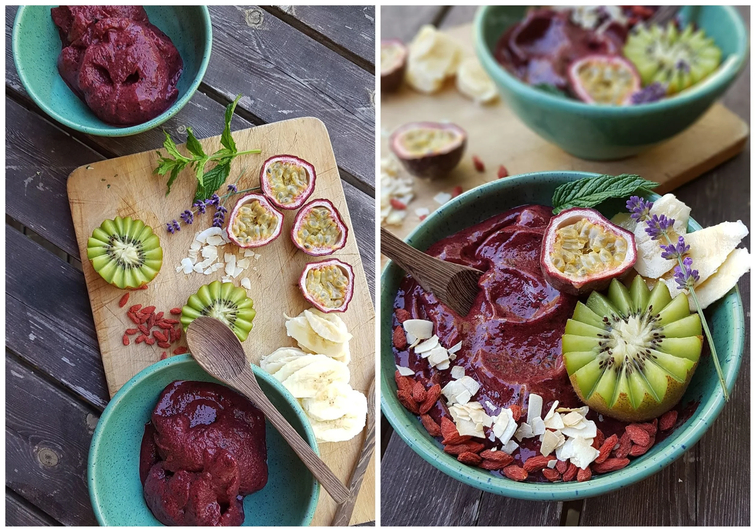 Mango- och blåbärsbowl med banan, kiwi, gojibär, kokosflingor, passionsfrukt, mynta och lavendel.