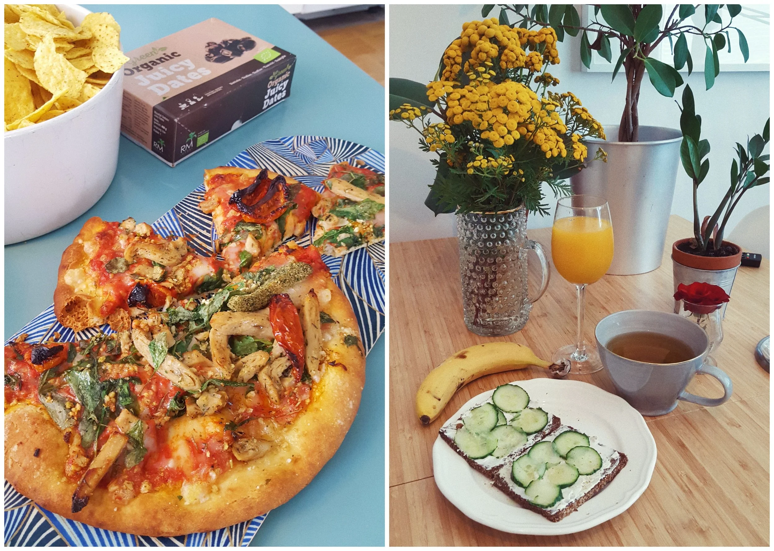 En pizza med sojabitar på och mackor med färskost på soja