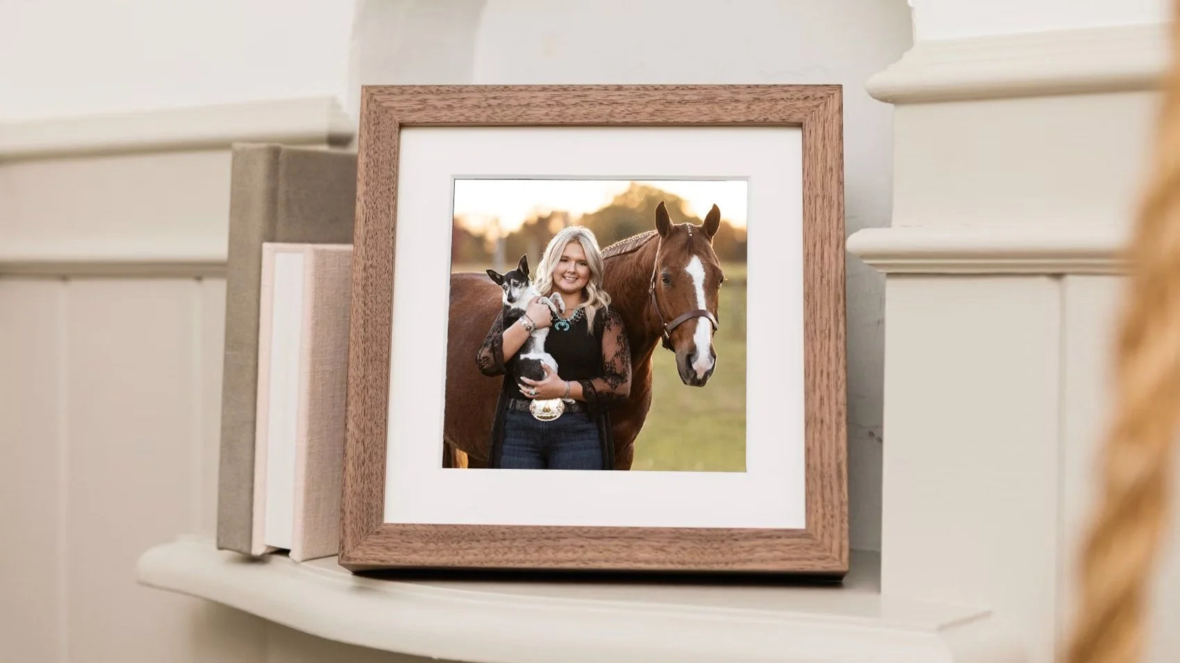 Horse & Rider Photoshoot Fine Art Christmas Framed Print with sustainable materials.