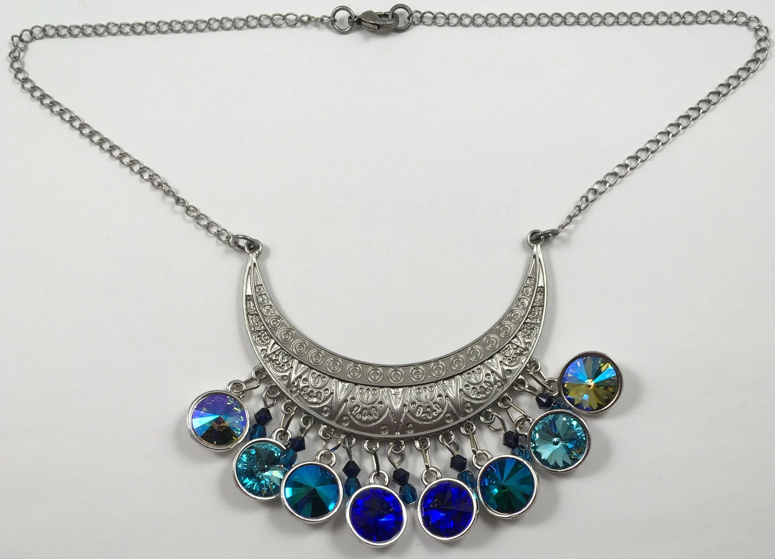 Blue Crystal Ornate Crescent Moon Curved Pendant Necklace 