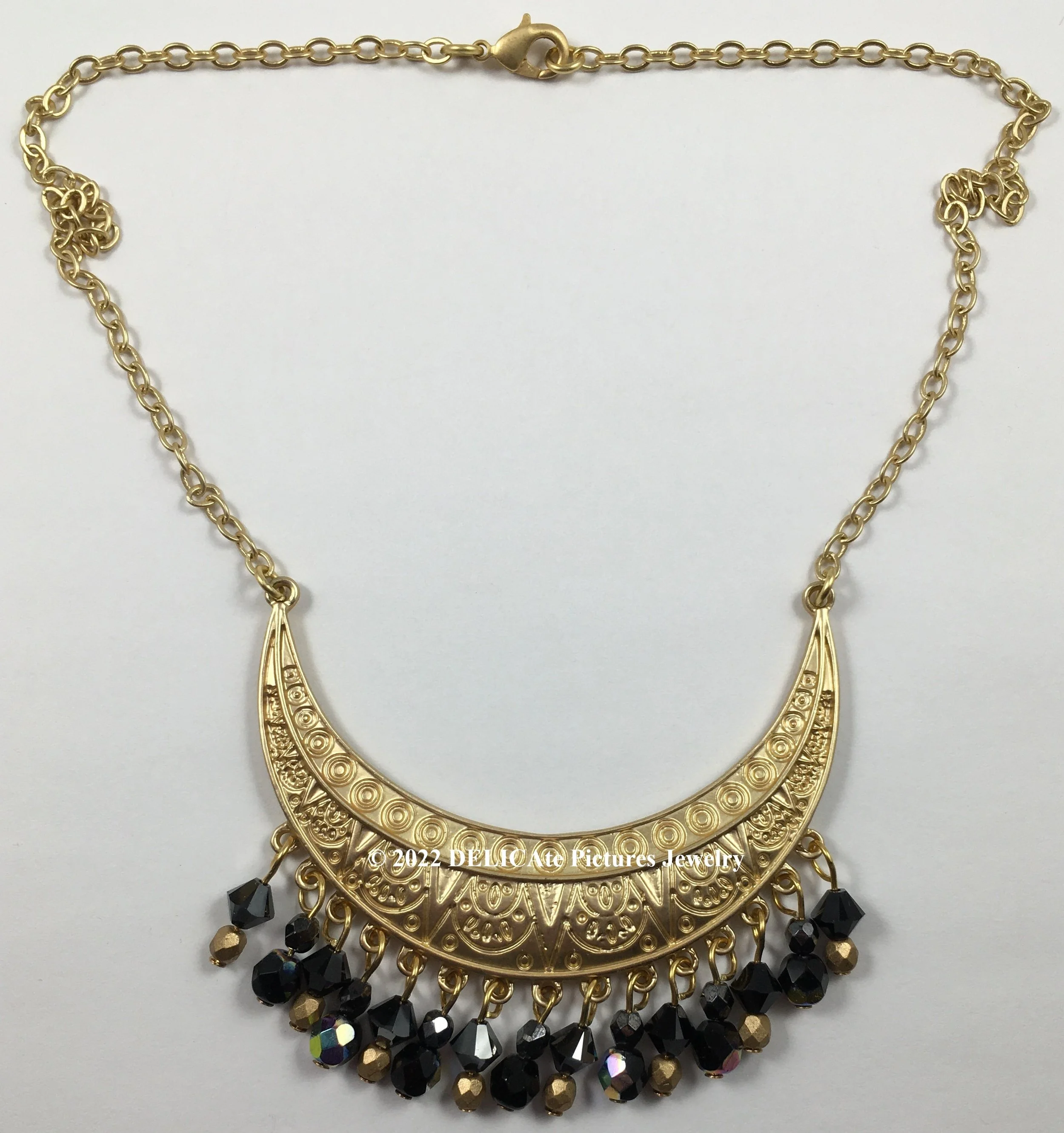 Black Crystal Ornate Crescent Moon Curved Pendant Necklace