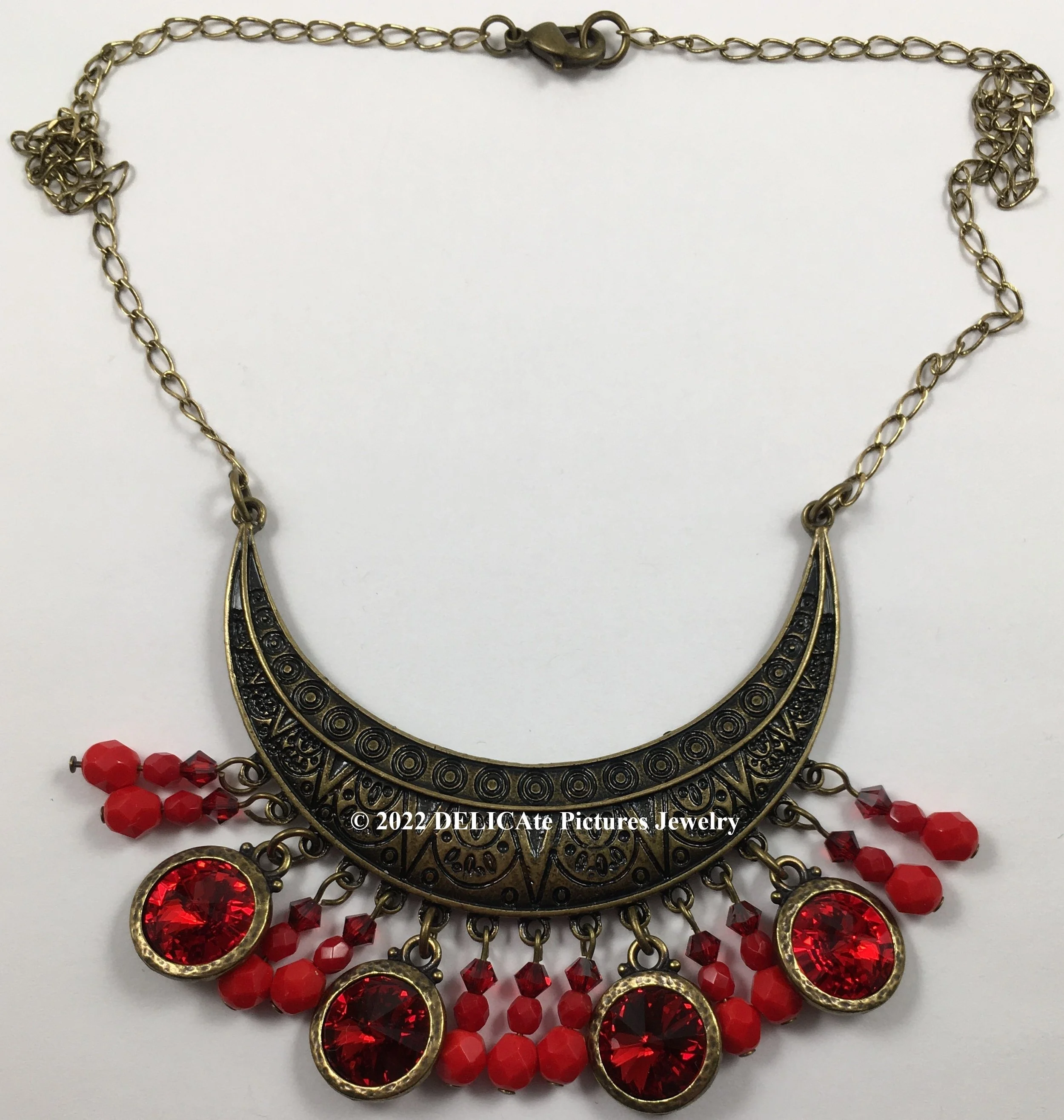 Red Crystal Ornate Crescent Moon Curved Pendant Necklace