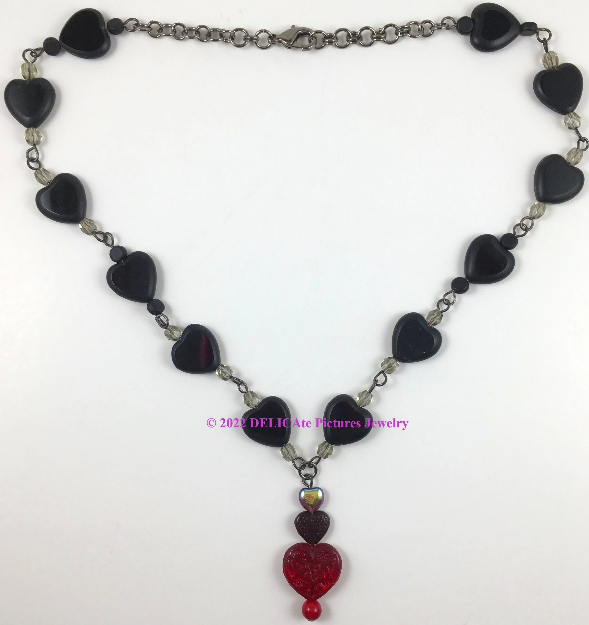 Gothic Black & Blood Red Glass Hearts Pendant Necklace