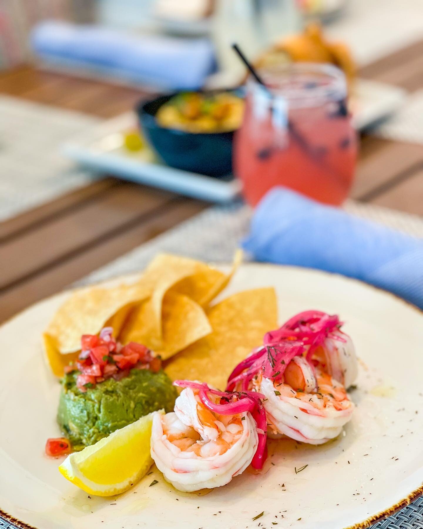 A &ldquo;can&rsquo;t miss&rdquo; dish on our lunch menu - citrus shrimp with fresh guacamole, onion-cilantro salad, and corn tortilla chips.