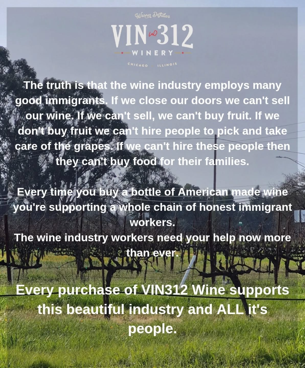 Everyone who is in the connected to the wine industry is important. We need the honest immigrants that work every day here in America to take care of a HUGE part of our industry. Wine is about community. When you support our small business by purchas