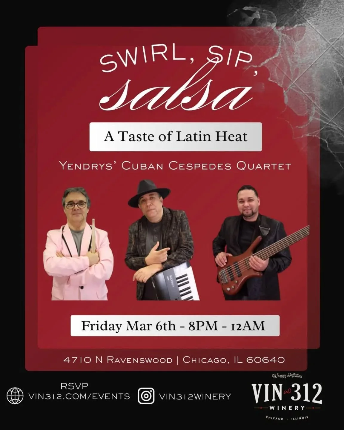 Date night&hellip; but make it Cuban. 💃🍷

Live salsa by Yendrys' Cuban C&eacute;spedes Quartet
Wine tastings.
Dancing between barrels.
A full urban winery experience at VIN312 Winery.

Friday, March 6
8PM&ndash;Midnight (Music at 9PM)

$35 w/ tasti