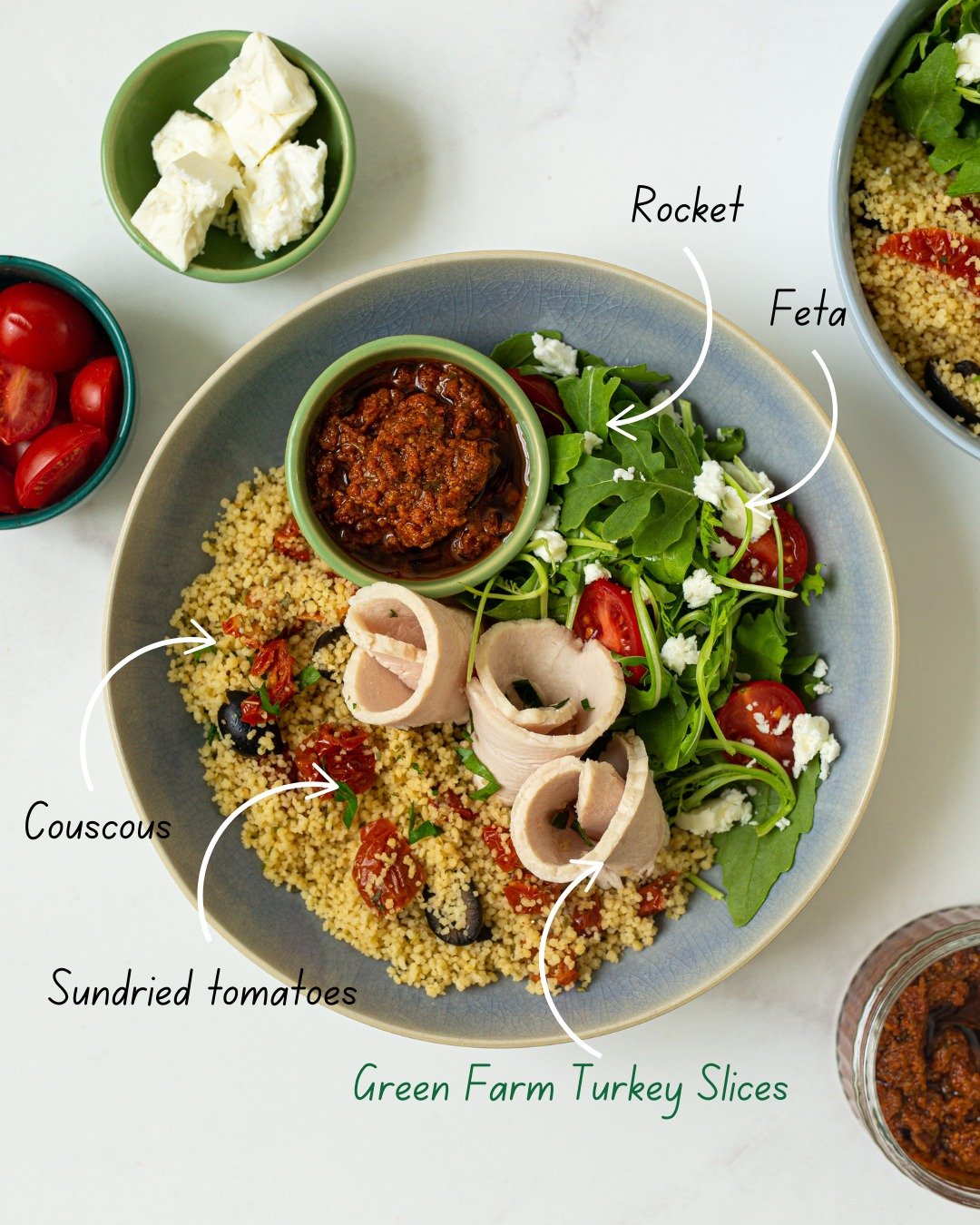 Our Turkey Pesto Salad recipe with Green Farm&rsquo;s turkey is a quick and satisfying way to enjoy a balanced meal even on the busiest days.

🕚 Prep time: 5 minutes
🕐 Assembly time: 5 minutes

- 150g Couscous
- 1 tsp Dried mixed herbs
- Pinch salt