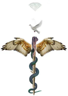 The ancient caduceus with 2 added symbols