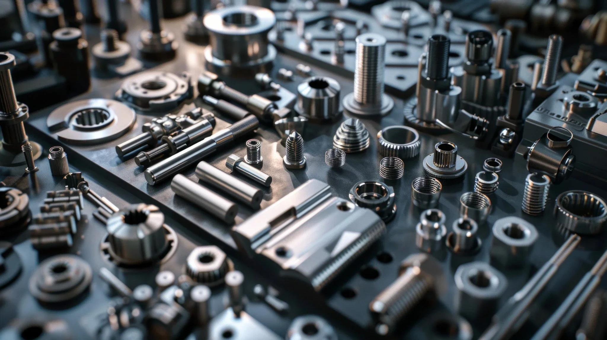 Assorted precision-machined metal components arranged to showcase custom manufacturing capabilities