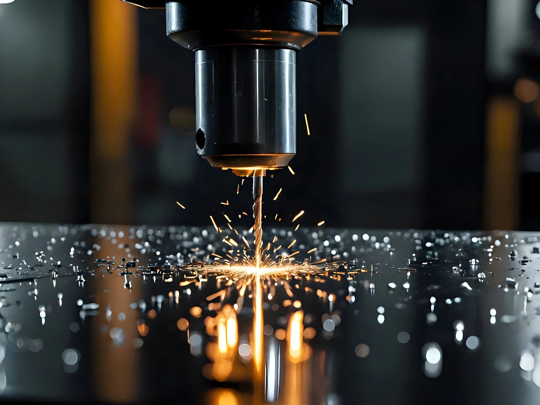 Radial arm drill press drilling a metal workpiece during precision hole-making