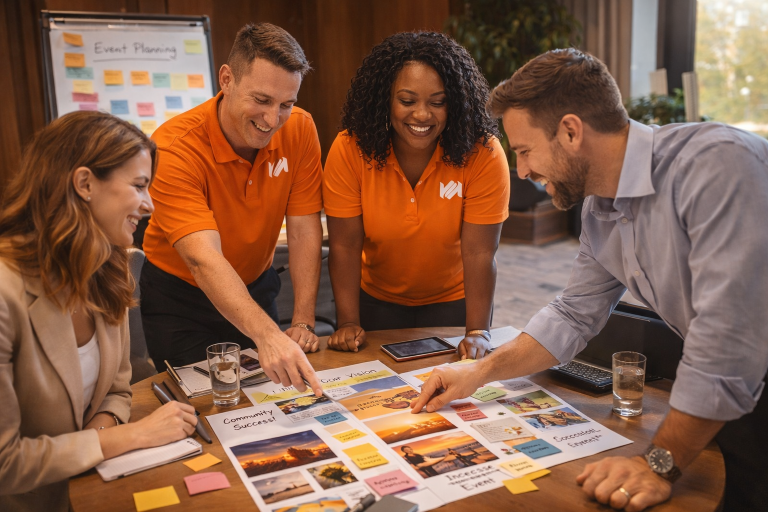A group of five diverse people collaborating around a table with colorful papers and images, planning an event together, smiling and engaging in discussion.