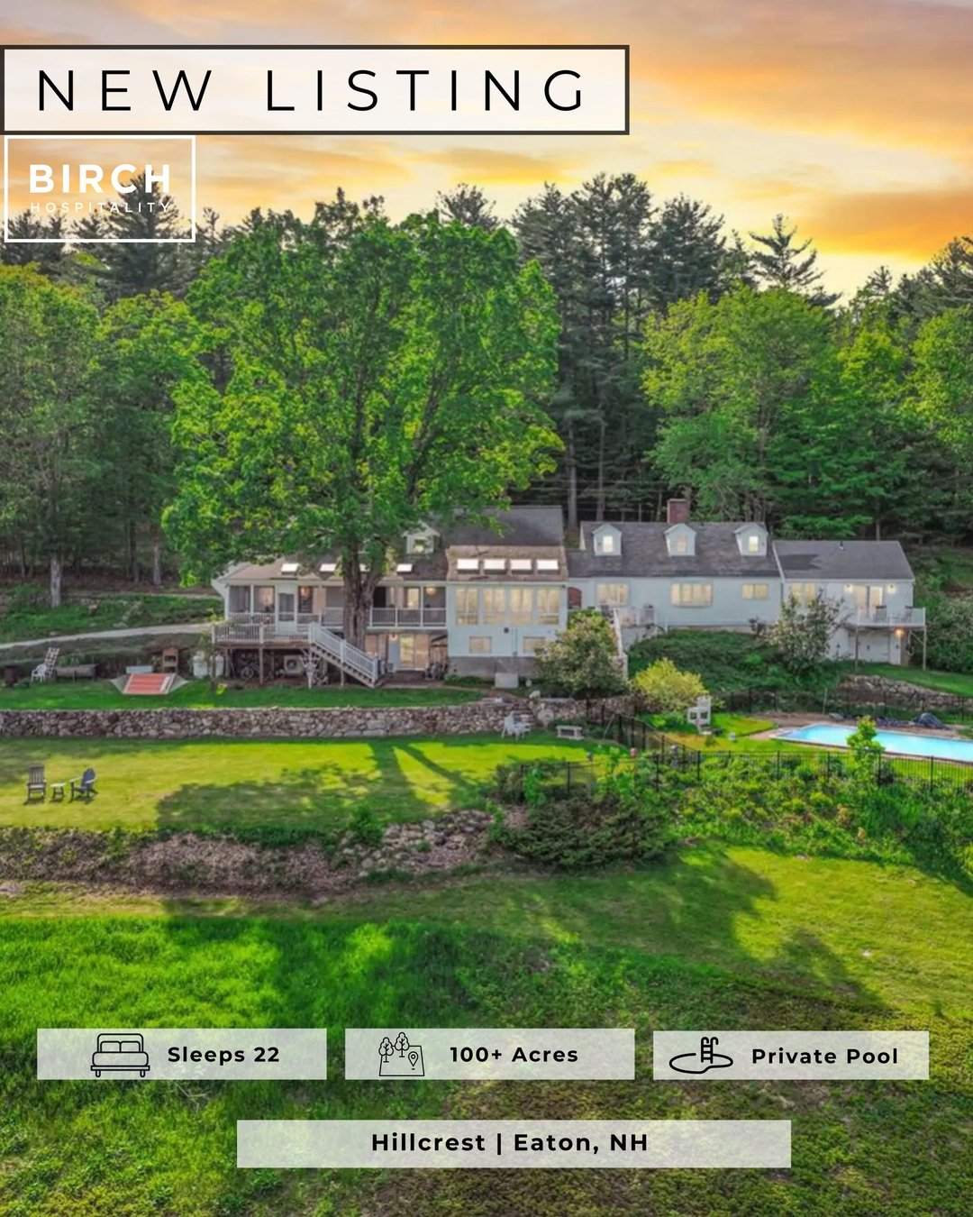 ✨ NEW LISTING!! ✨
Hillcrest is your secluded mountain escape in Eaton, New Hampshire &mdash; set on over 100 private acres just 2 minutes from Crystal Lake, 3 minutes to King Pine Ski Area, and 25 minutes to downtown North Conway.

This charming and 