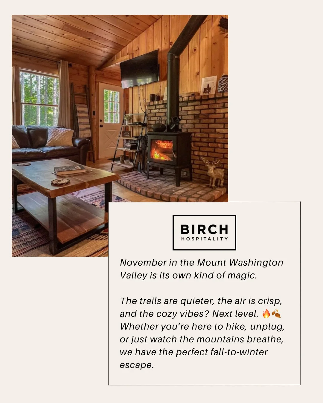 Welcome to that in-between season where the leaves have fallen, the trails are yours, and the fire&rsquo;s always crackling. 🔥 
📍Mount Washington Valley

Plan your escape ⬇️ 
www.birchrentals.com

#NorthConwayNH #CozyCabinV #WhiteMountainsRetreat #