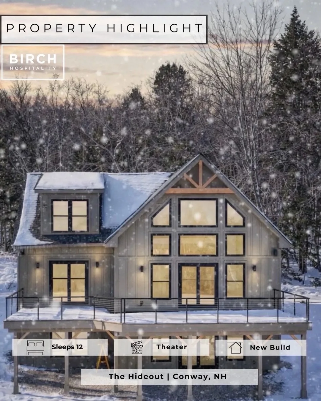 ✨ PROPERTY HIGLIGHT! ✨
⠀⠀⠀⠀⠀⠀⠀⠀⠀
Welcome to The Hideout, a brand-new (2024) luxury retreat in Conway, New Hampshire, set on 5 private acres surrounded by over 100 acres of conservation land. This modern mountain escape perfectly blends comfort, priva
