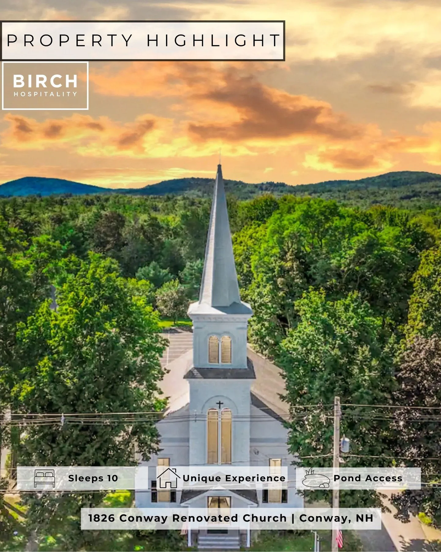 ✨ PROPERTY HIGHLIGHT ✨

Step into history with a stay in this beautifully renovated 1826 church in Conway, NH. Blending timeless character with modern comfort, this one-of-a-kind 5-bedroom retreat offers access to the peaceful Pequawket Pond and an u