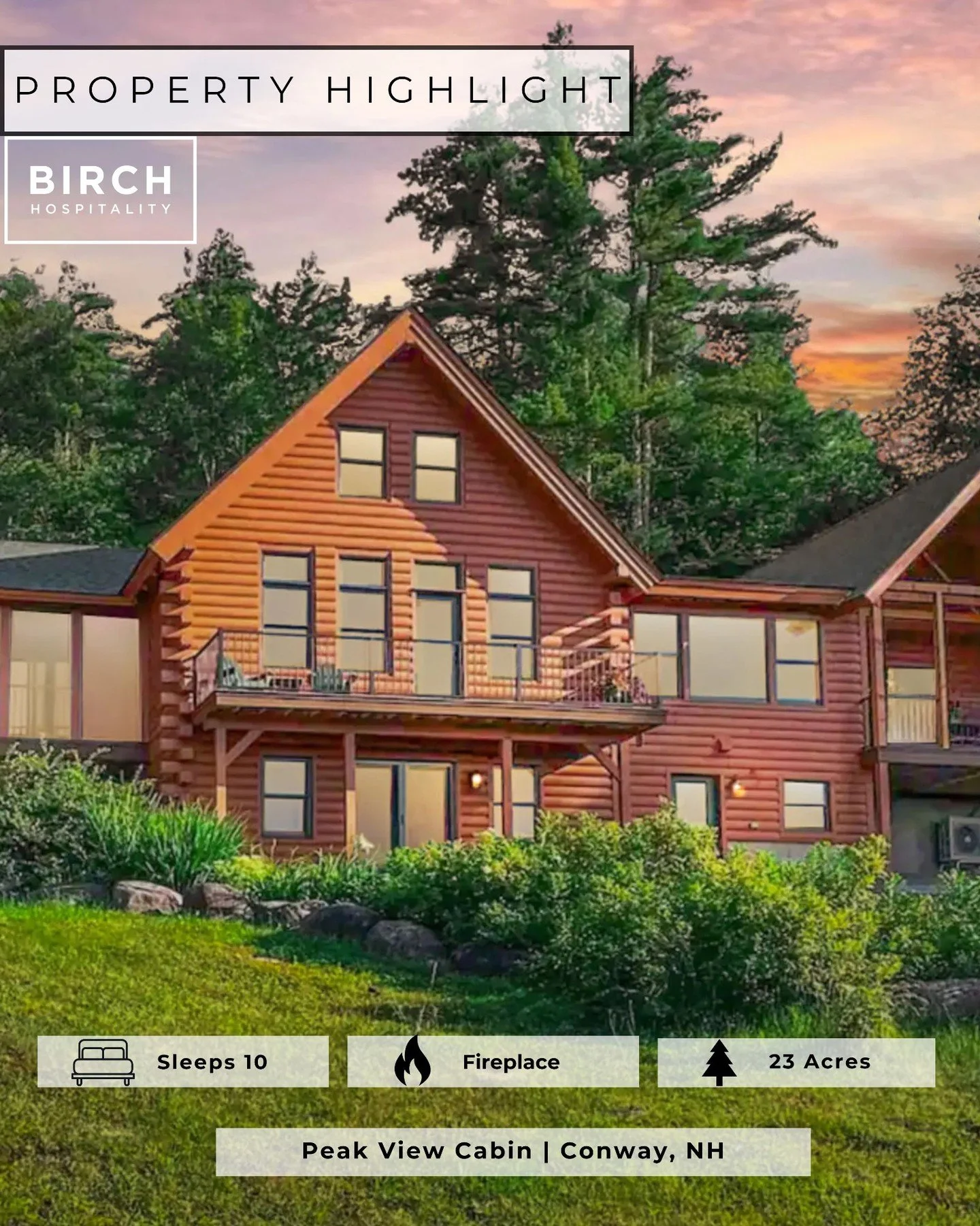 ✨ PROPERTY HIGHLIGHT ✨

Welcome to The Peak View Cabin &mdash; your front-row seat to breathtaking Mt. Washington views in the heart of Conway, NH. Set on 23 private acres, this luxurious log cabin blends rustic charm with modern comfort, creating th