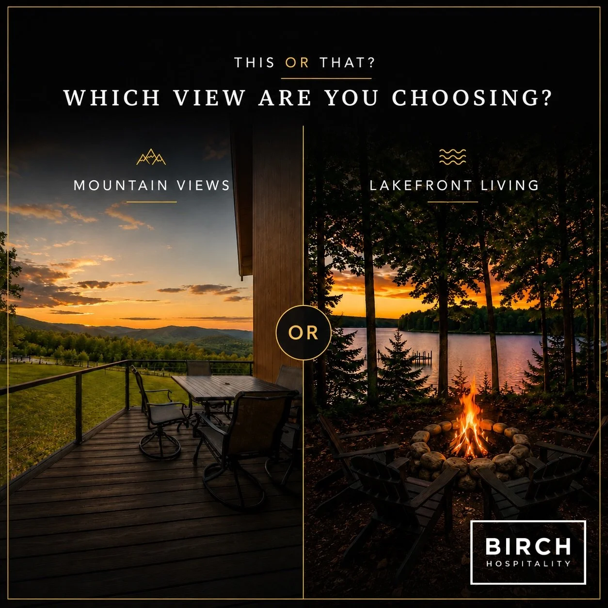 Mountain views or lakefront living?

If you had to choose just one, which would it be?

🏔️ Wake up to panoramic mountain vistas and coffee on the deck.
🌊 Or unwind by the lake with a crackling fire and peaceful waterfront sunsets.

No matter which 