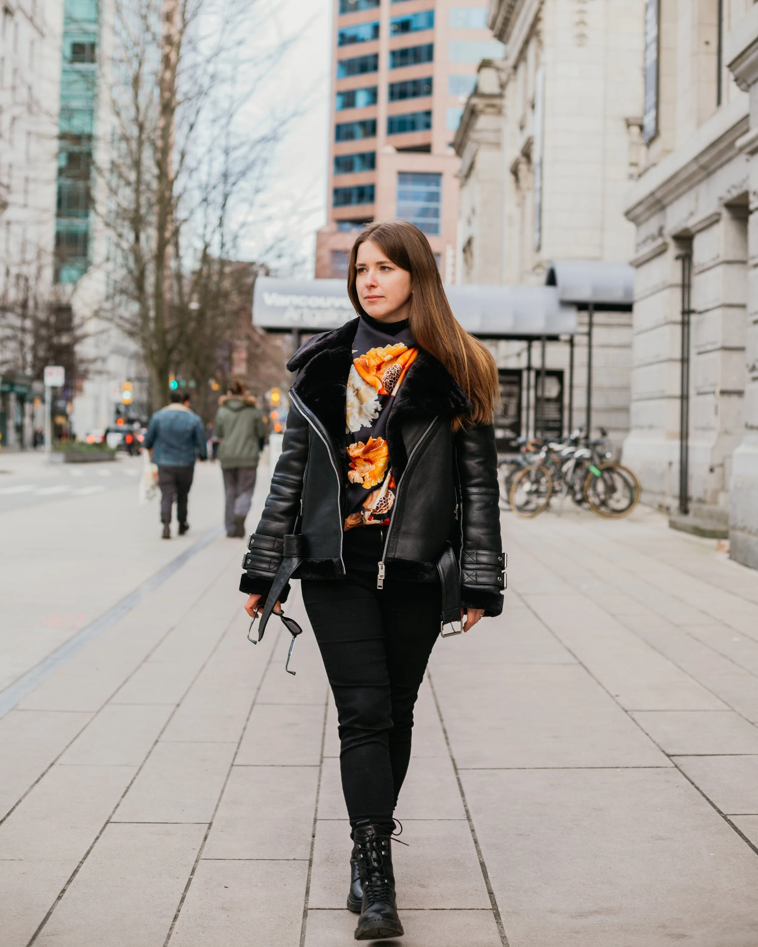 UNITY - in Black - designer silk scarf — worn with a leather jacket, street style