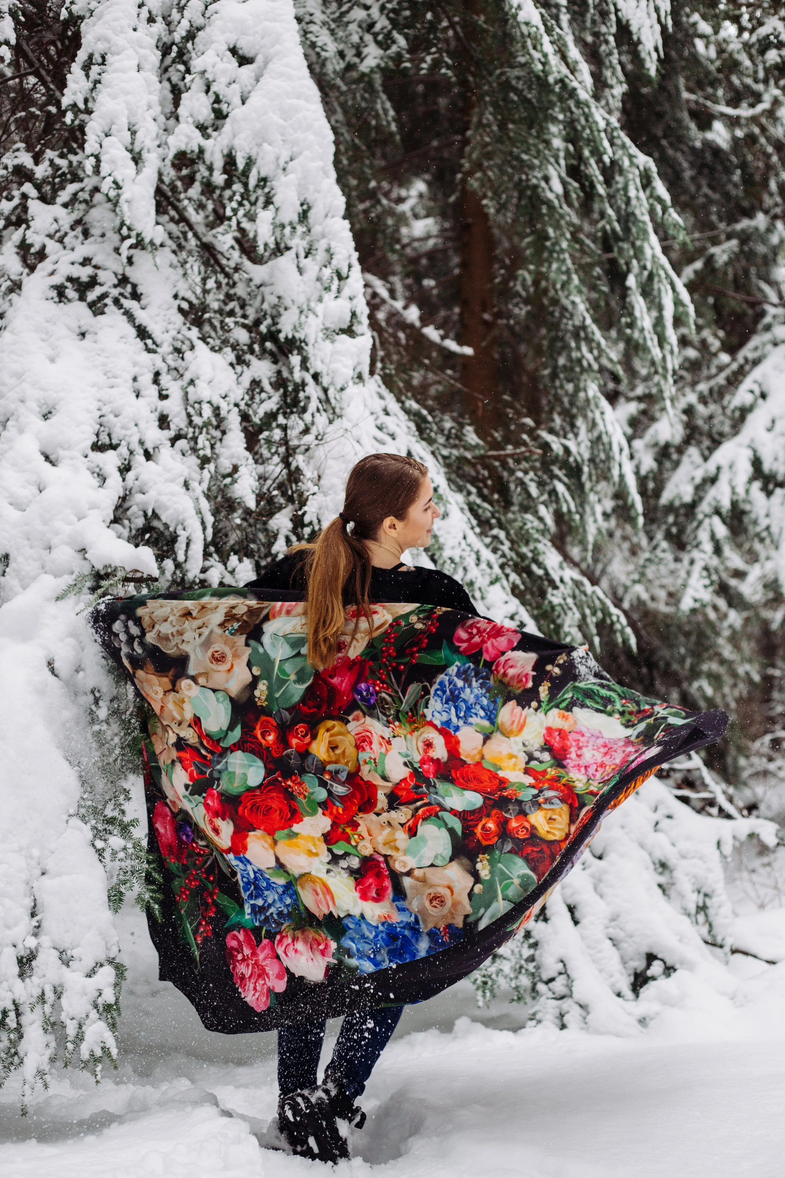SOUL GARDEN designer wool silk shawl — back view, shawl spread open in the snow