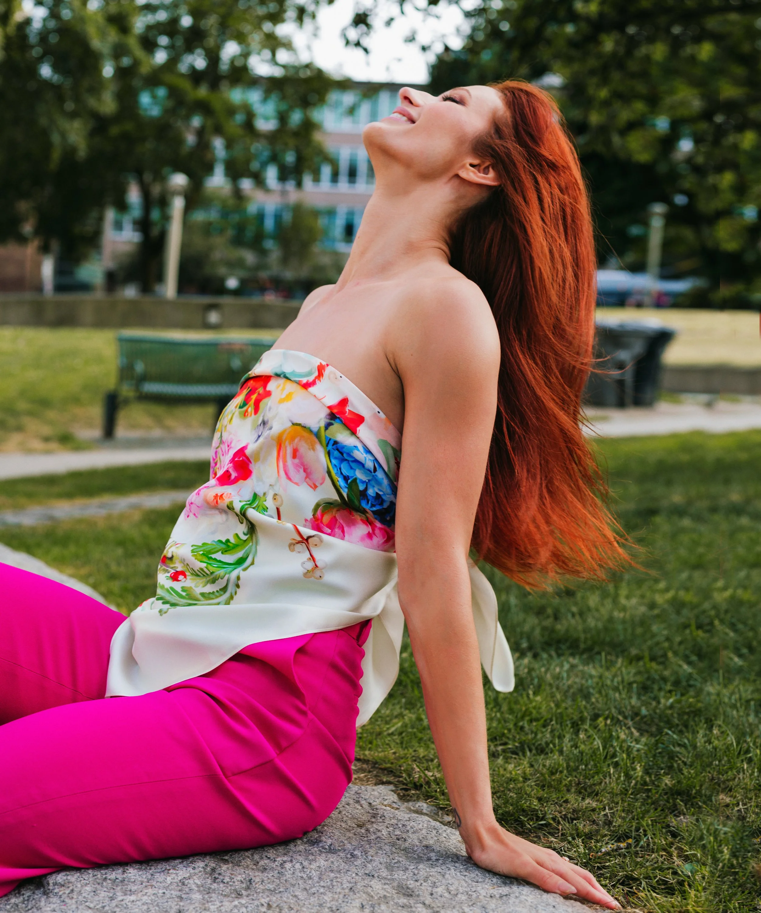 SOUL GARDEN in ivory silk scarf — red-haired model wearing the scarf in a park