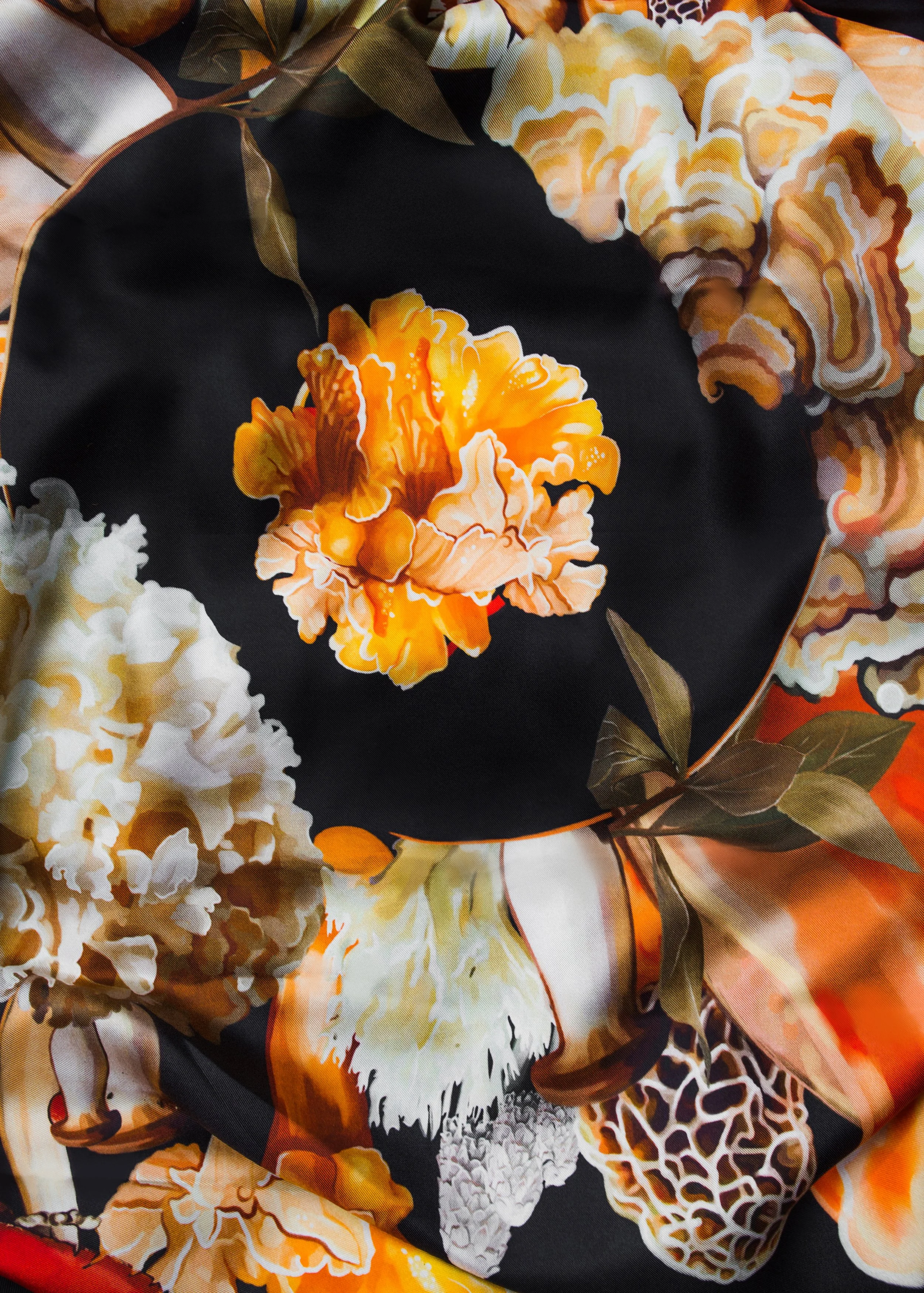 UNITY - in Black - silk scarf — close-up of the orange mushroom print on black silk twill