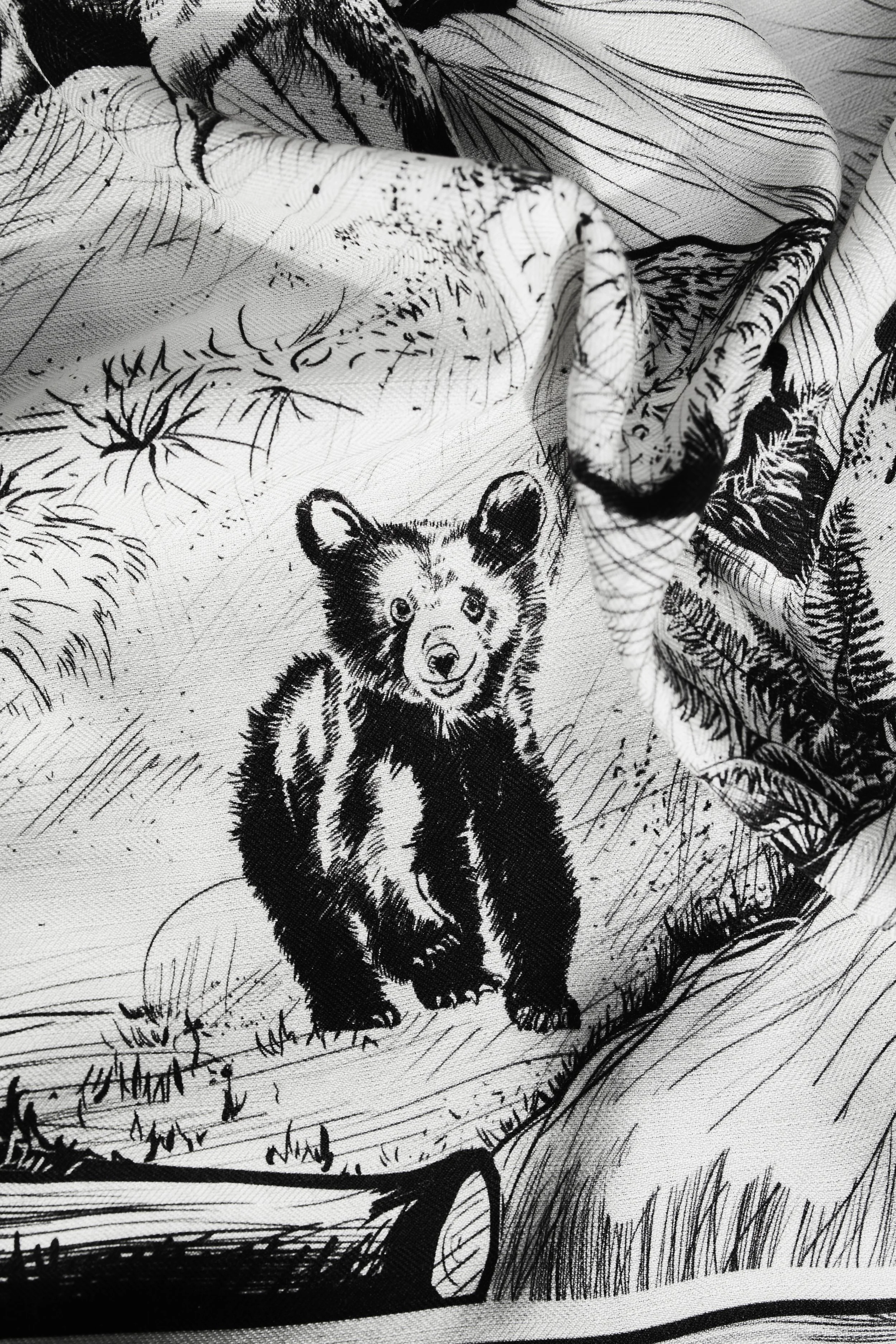 DEEP FOREST designer wool silk shawl — bear cub detail in the black and white print