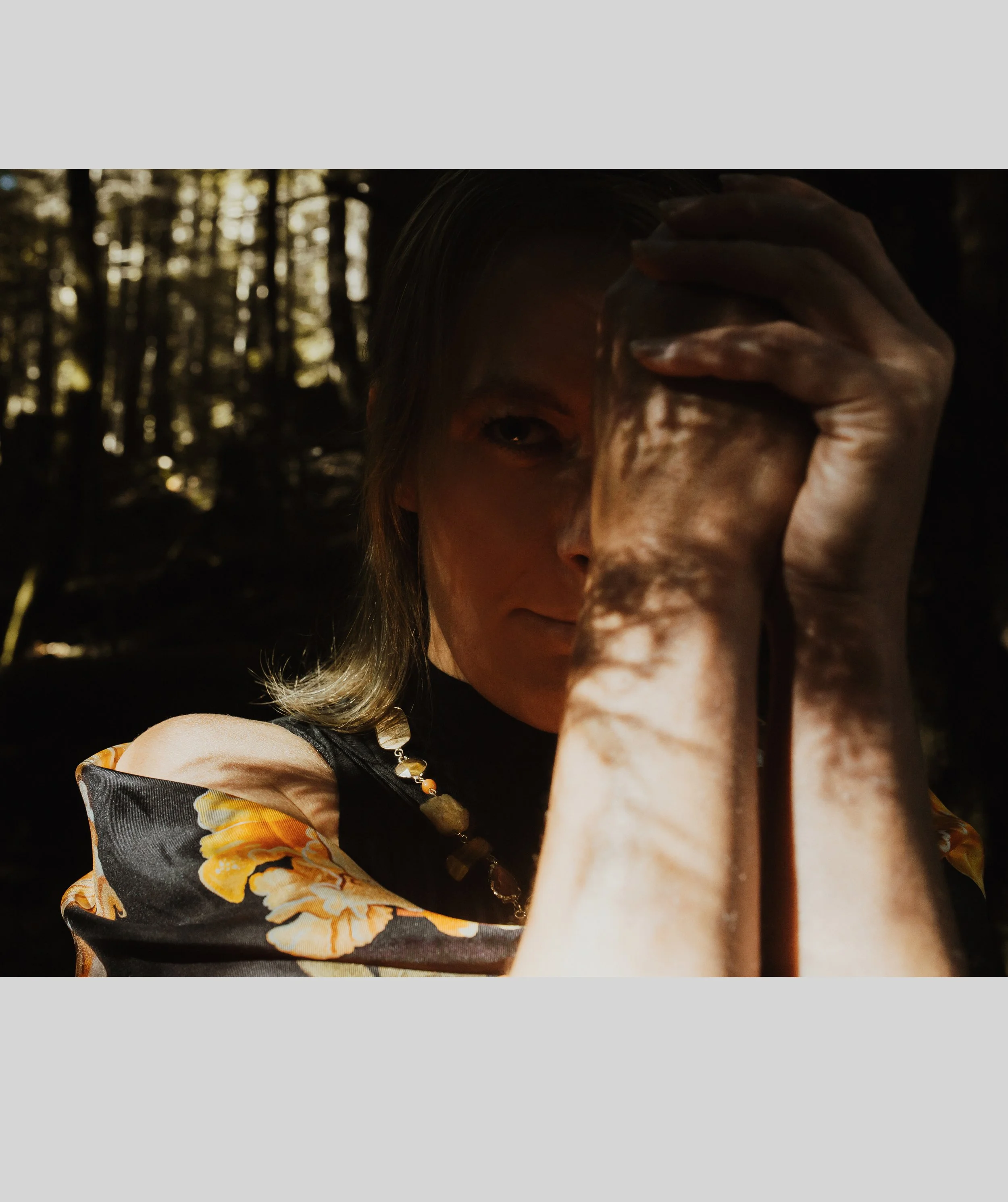 UNITY - in Black - designer silk scarf — close portrait in the forest