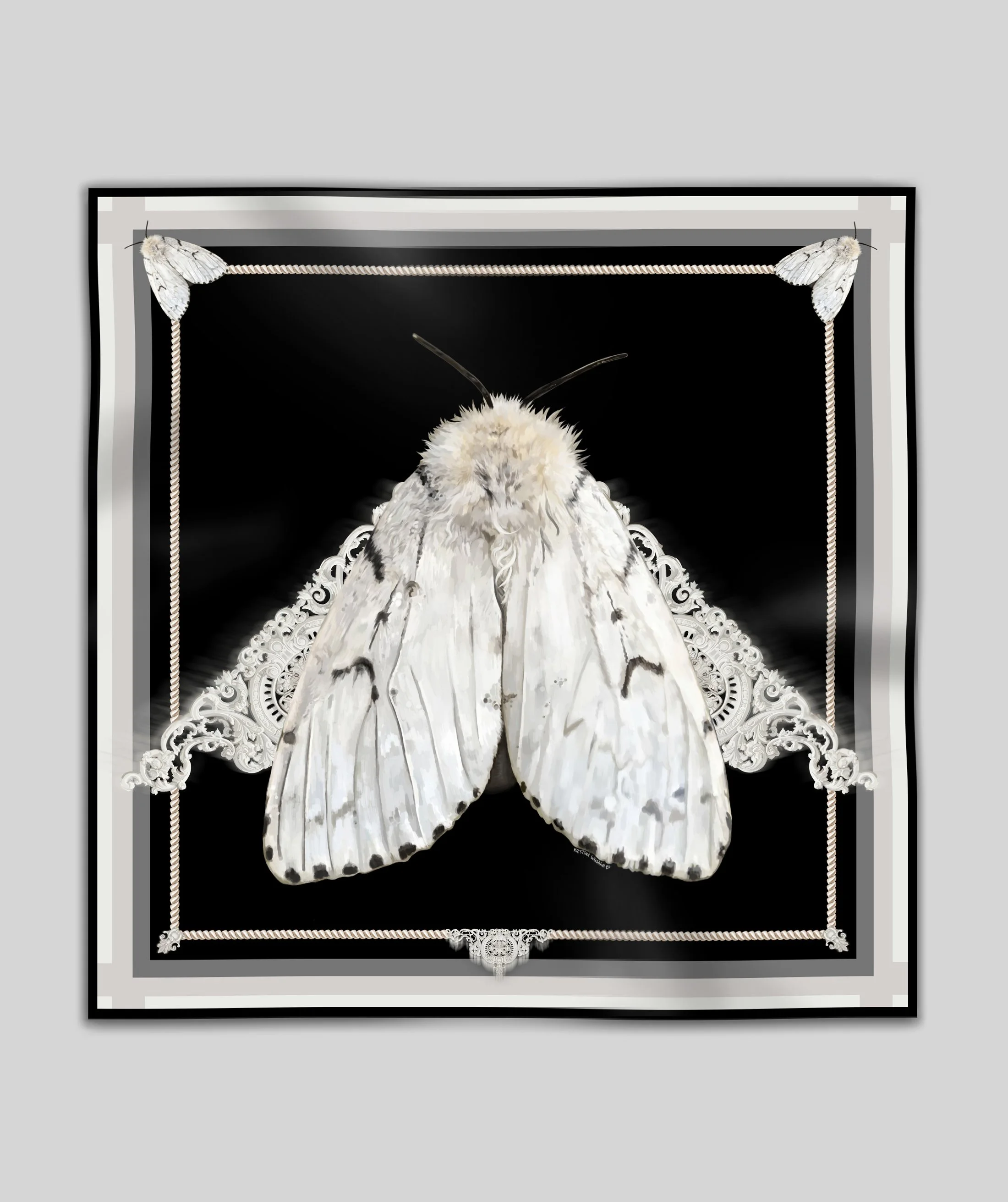MOTH in black silk scarf