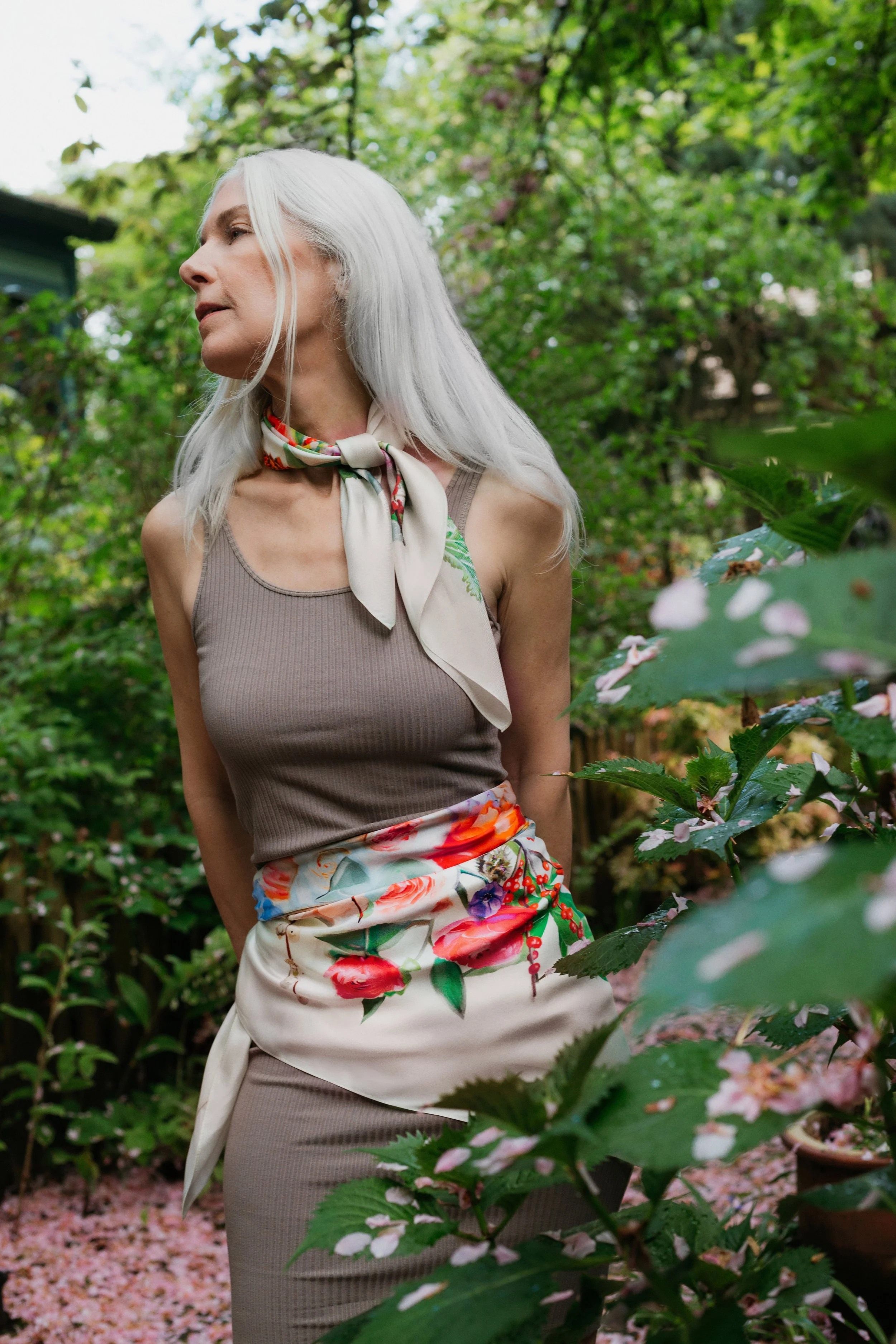 SOUL GARDEN in ivory designer silk scarf — styled as a top, worn by model