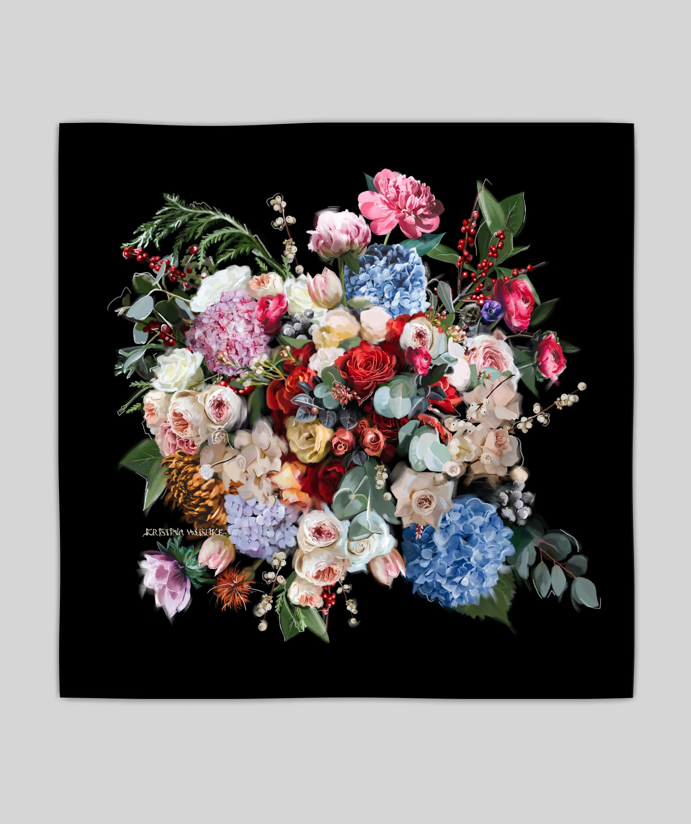 SOUL GARDEN in black silk scarf