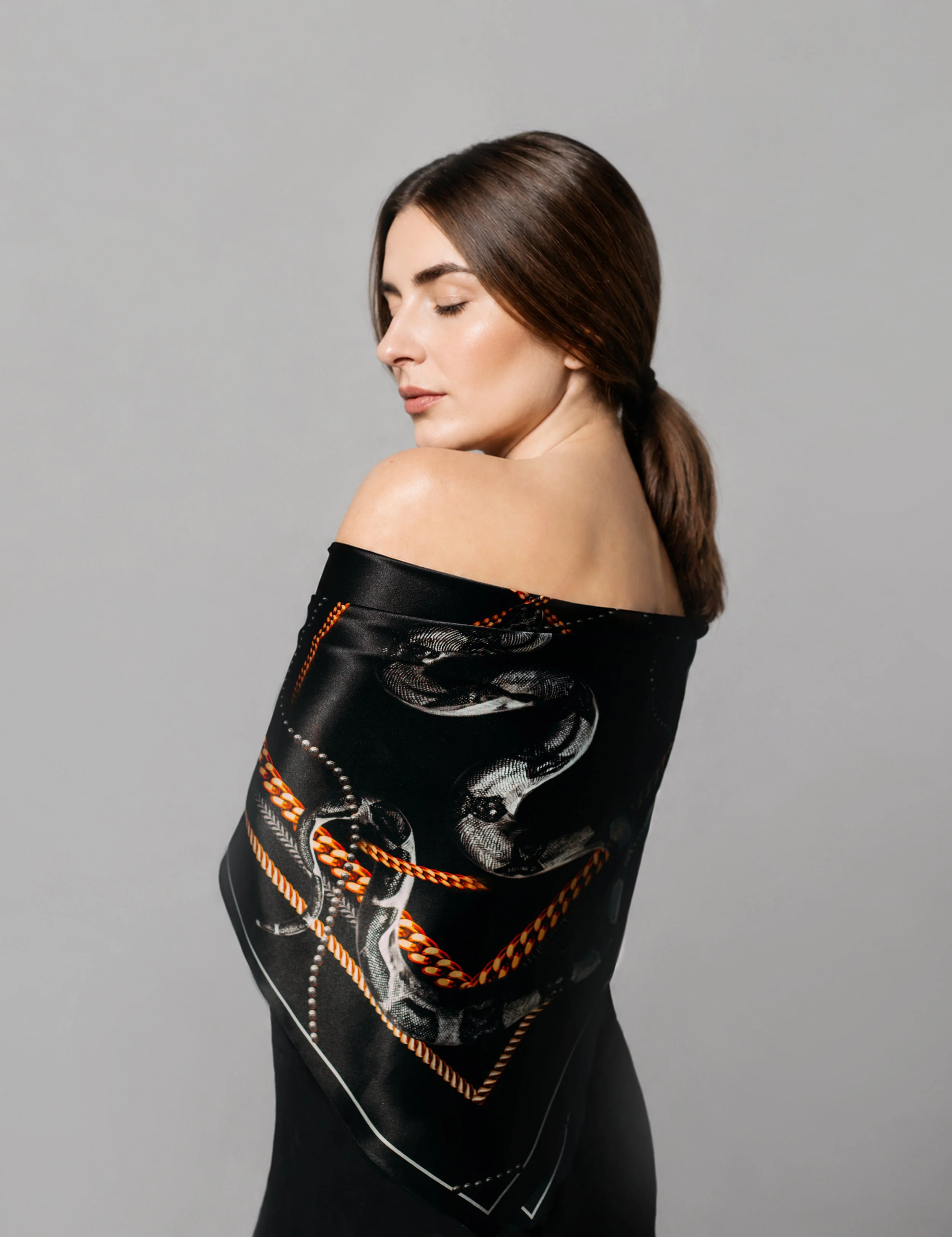 ENDLESS KISS in black designer silk scarf by Kristina Wushke — worn over the shoulder, black silk scarf for women