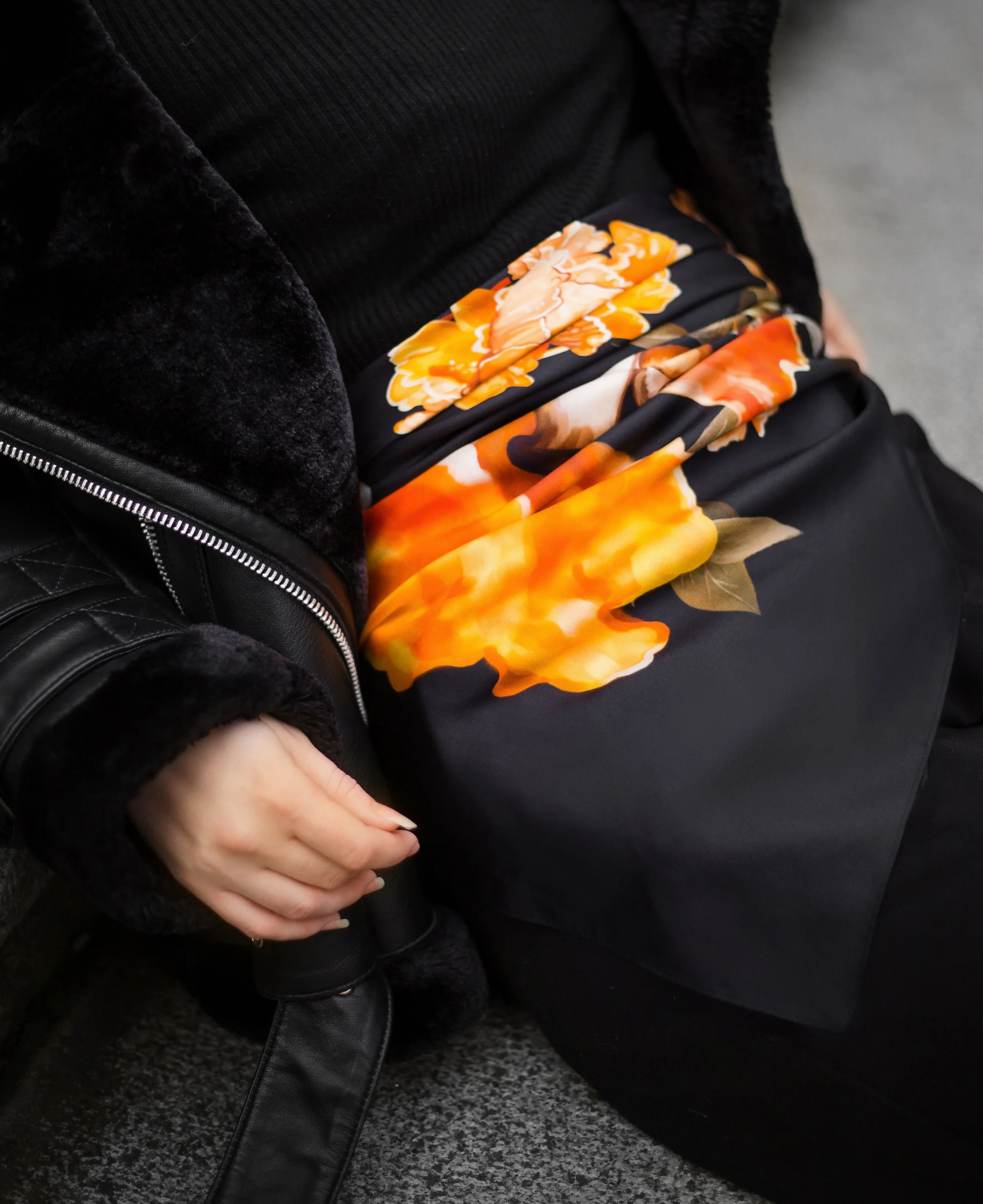 UNITY - in Black - silk scarf — close-up of the print on black silk