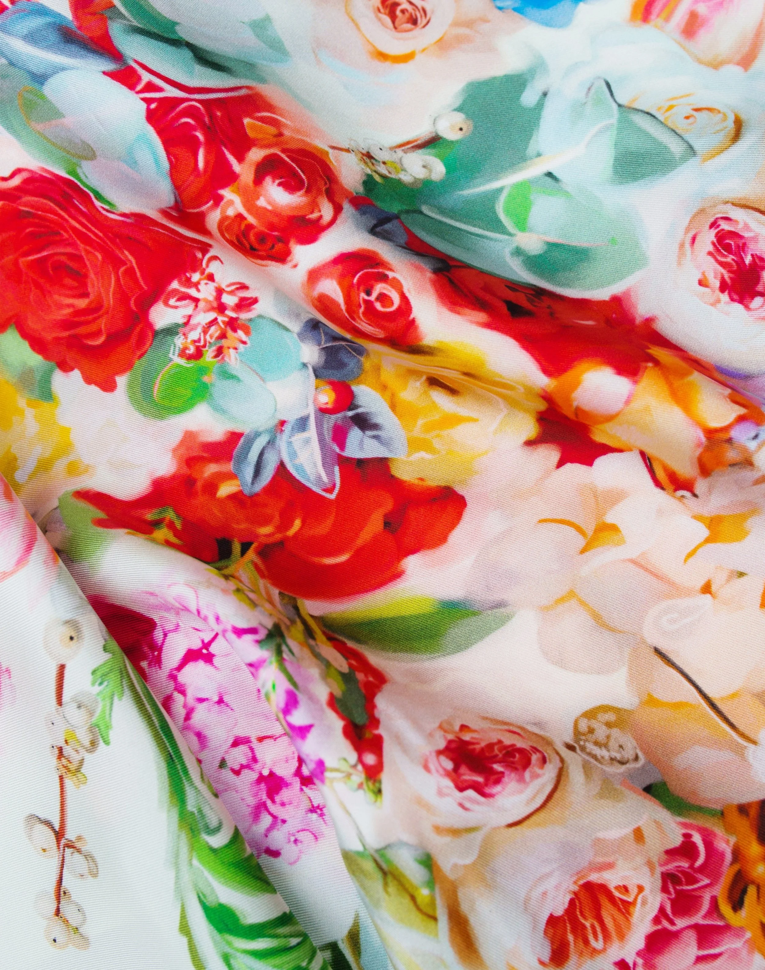 SOUL GARDEN in ivory silk scarf — close-up of the red rose print on silk twill