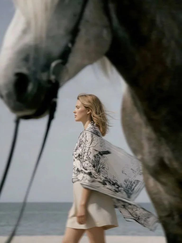 DEEP FOREST designer wool silk shawl — worn by a model standing by a horse