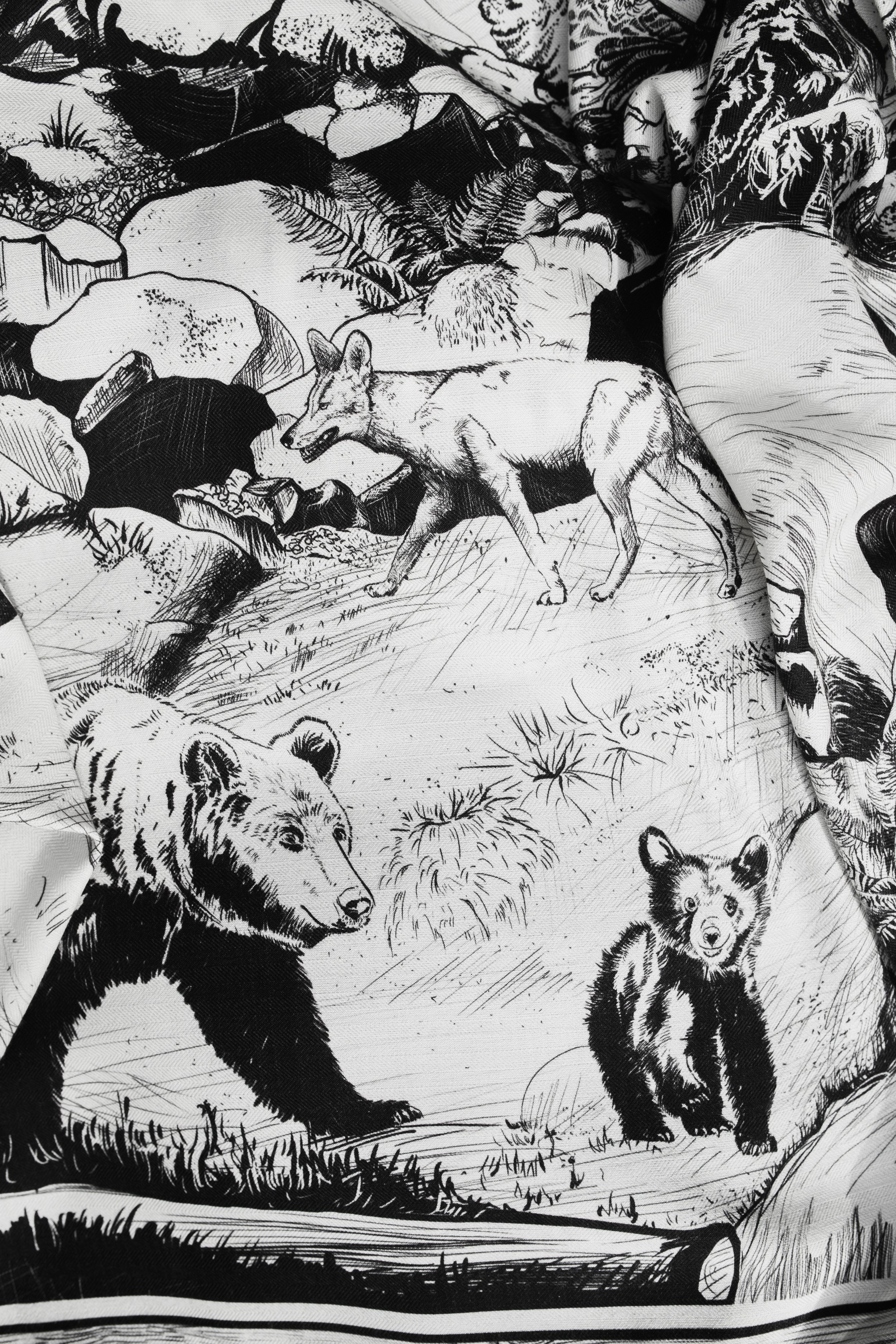 DEEP FOREST in black and white wool silk shawl — bears and wolves detail in the forest print