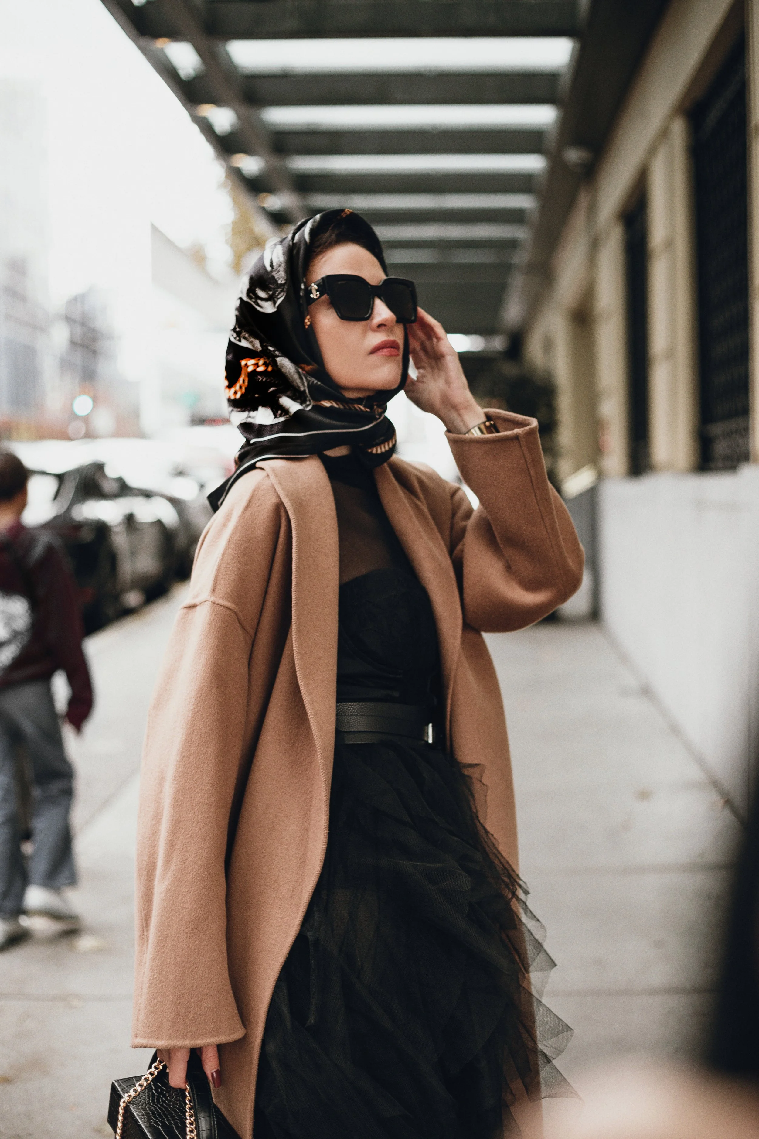ENDLESS KISS in black designer silk scarf by Kristina Wushke — worn as a headscarf, silk scarf for her