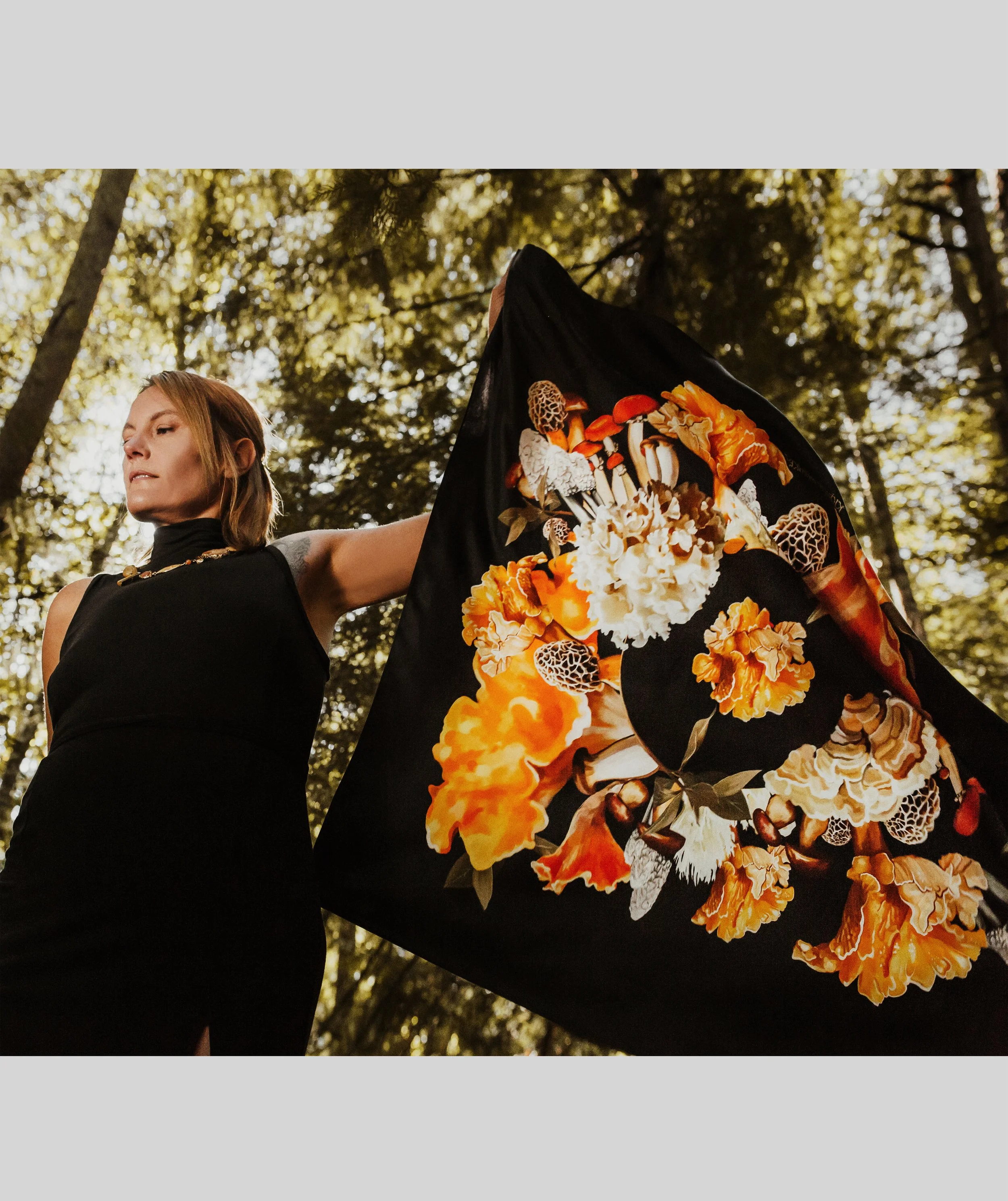 UNITY - in Black - designer silk scarf — held open to show the hand-drawn mushroom print
