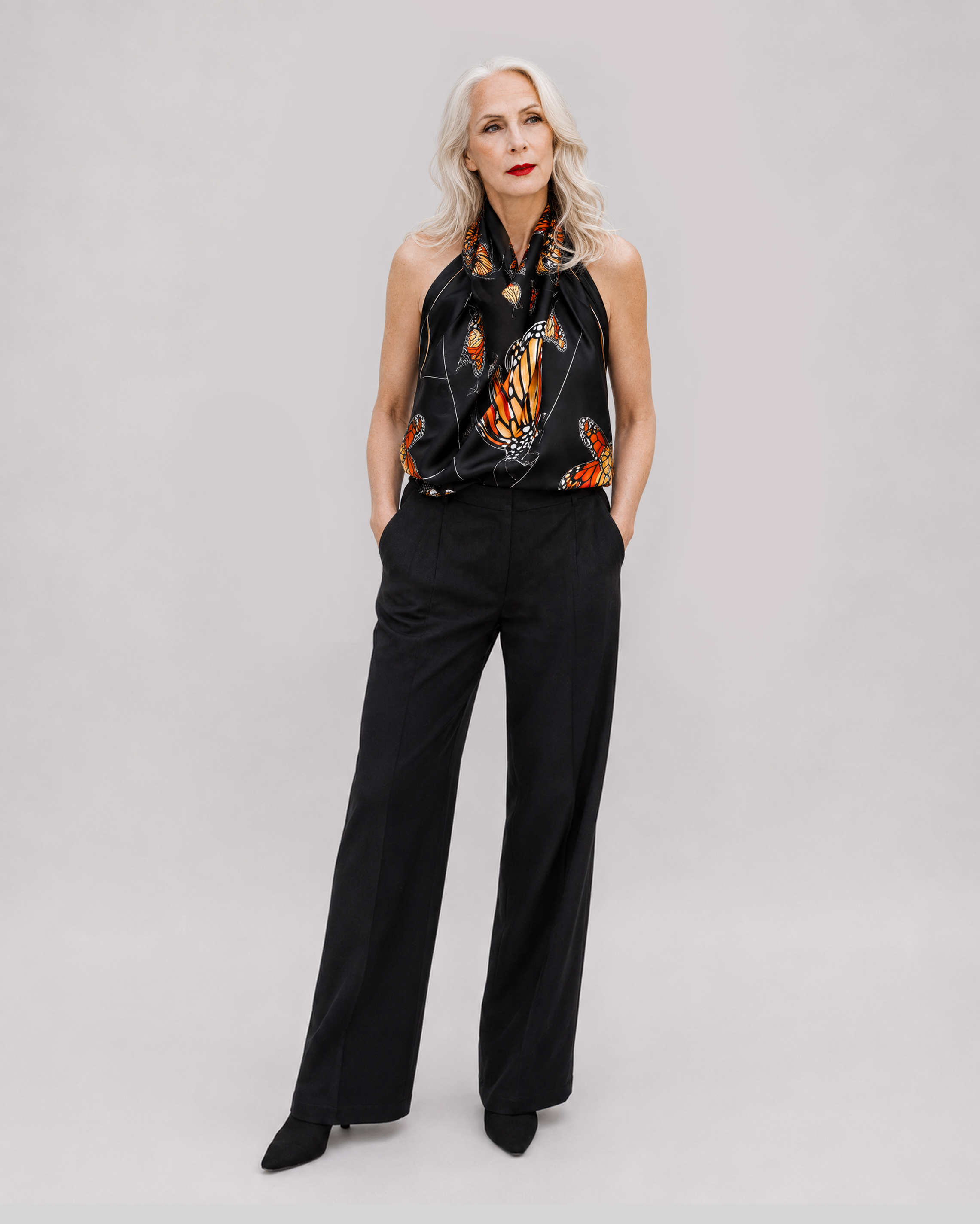 GOLDEN RATIO silk scarf by Kristina Wushke — butterfly print scarf styled as a top with black trousers