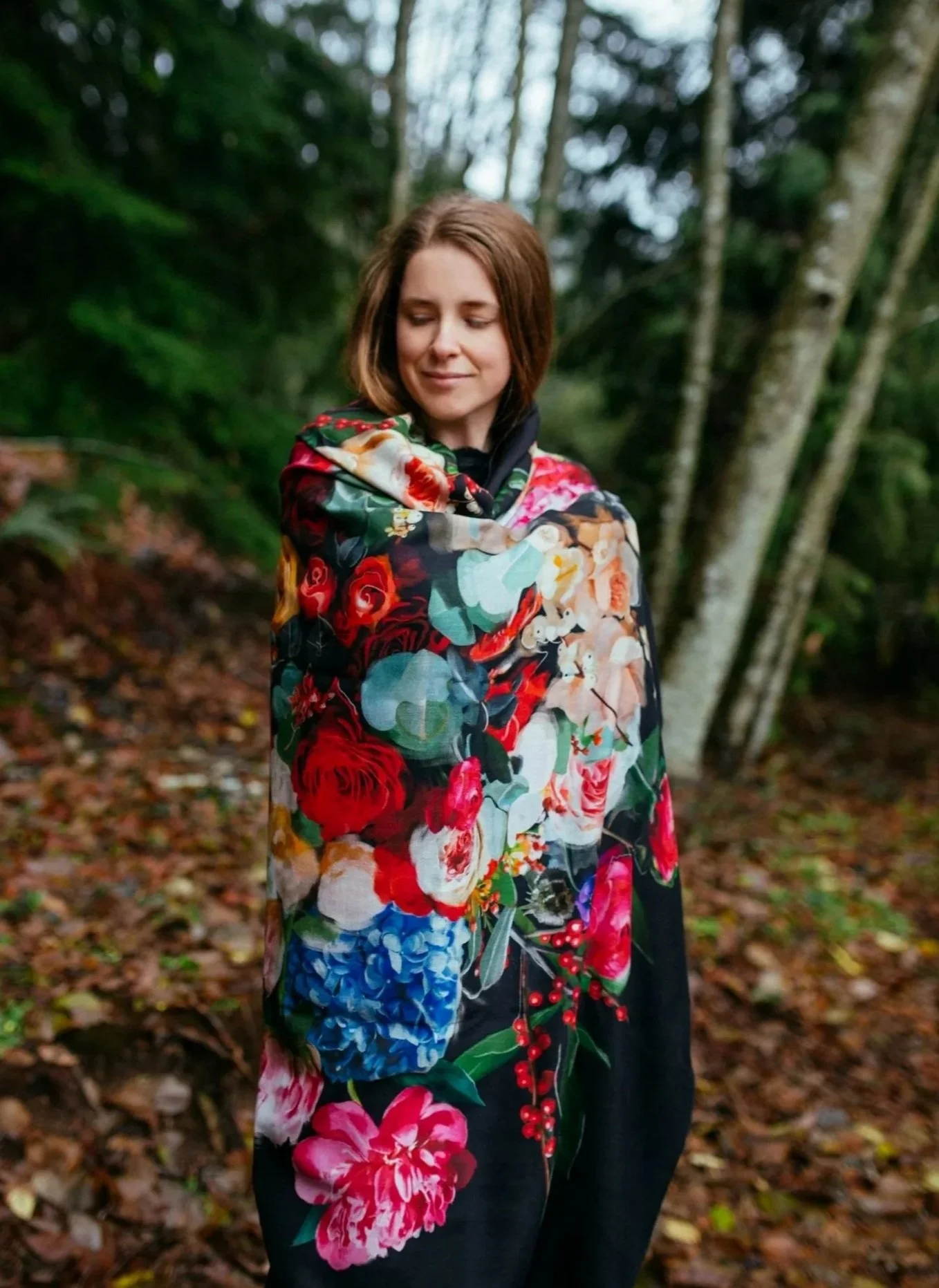 SOUL GARDEN in wool silk shawl — worn outdoors in a winter forest