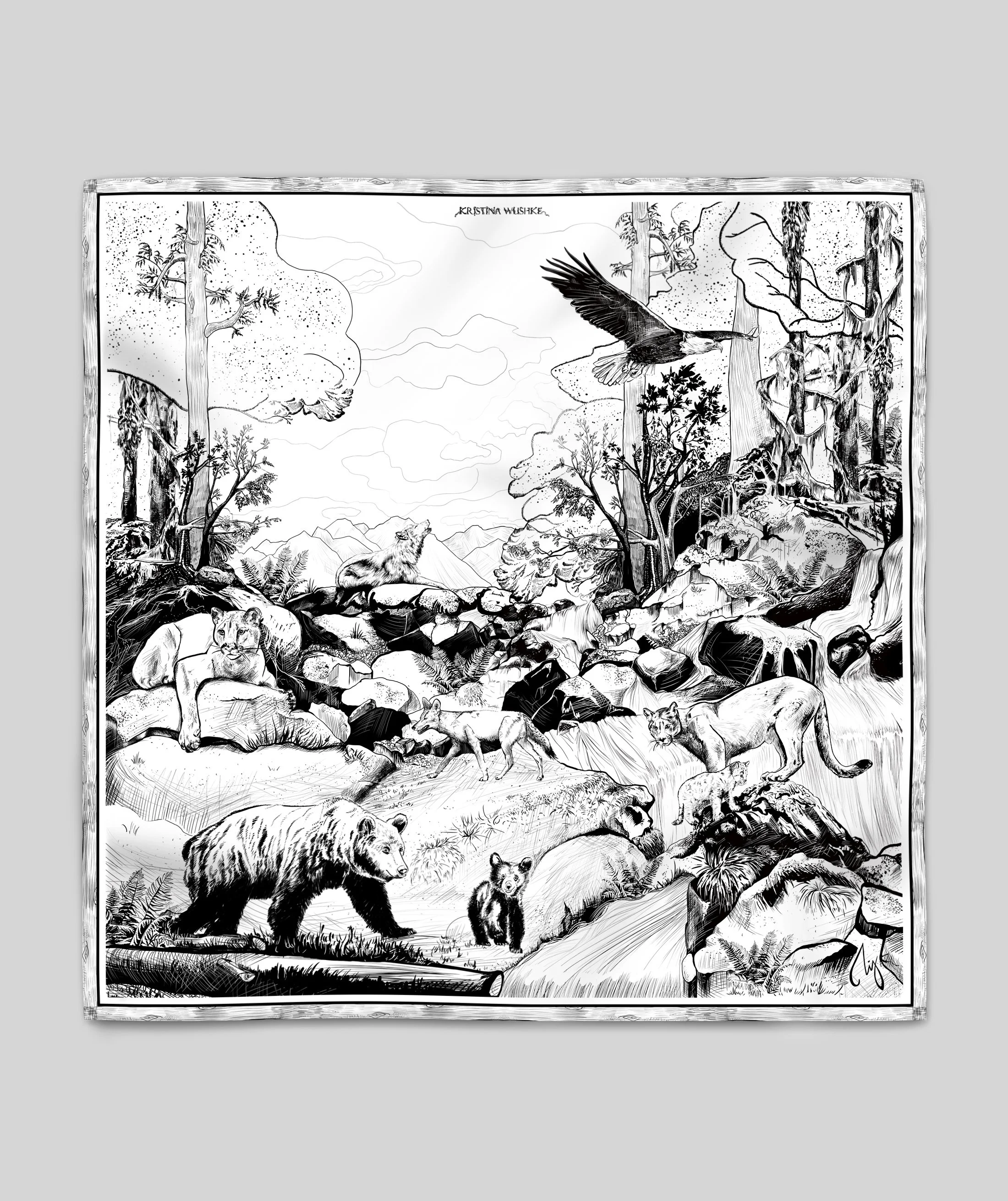 DEEP FOREST in black and white silk scarf