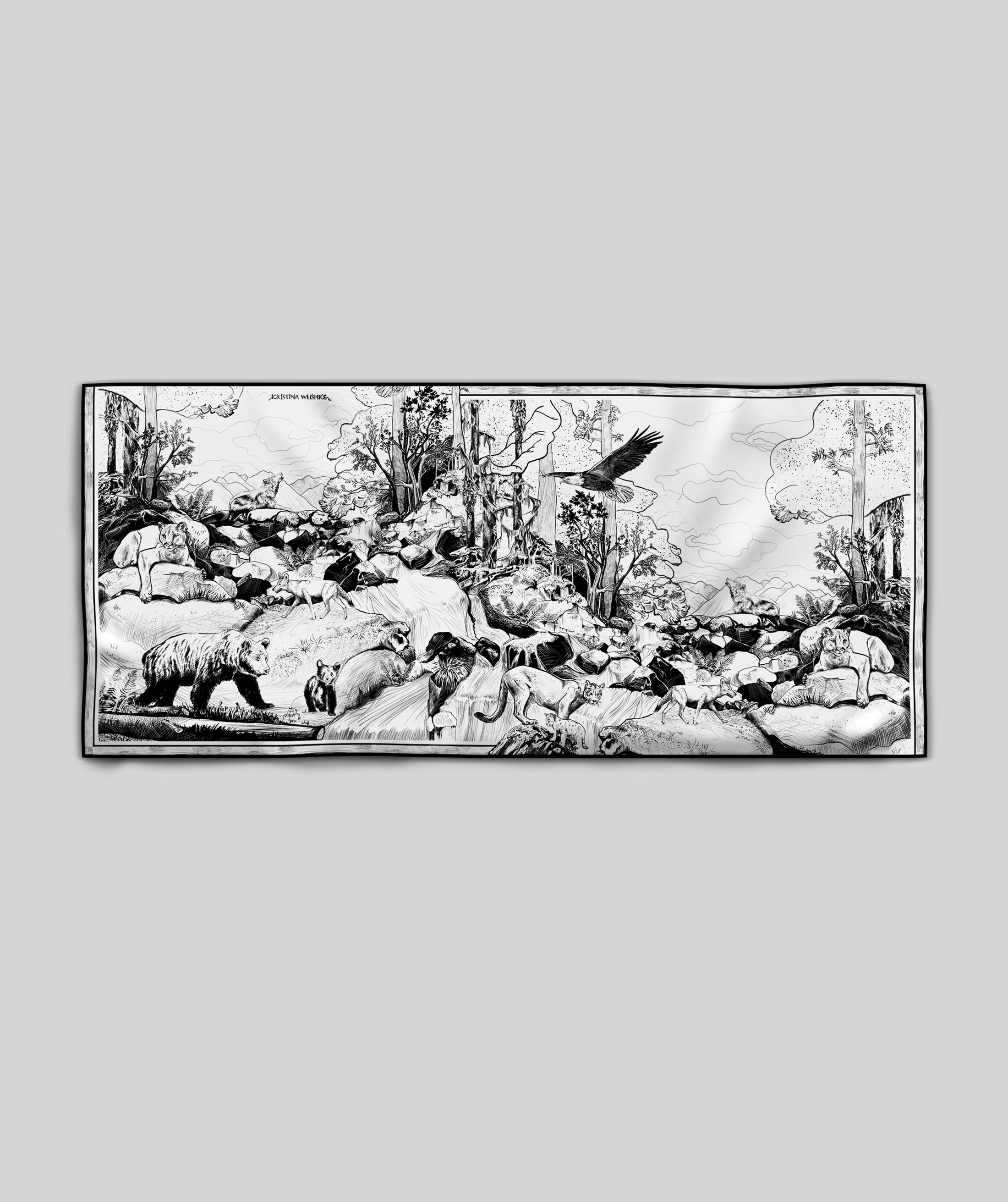 DEEP FOREST in black and white wool silk shawl