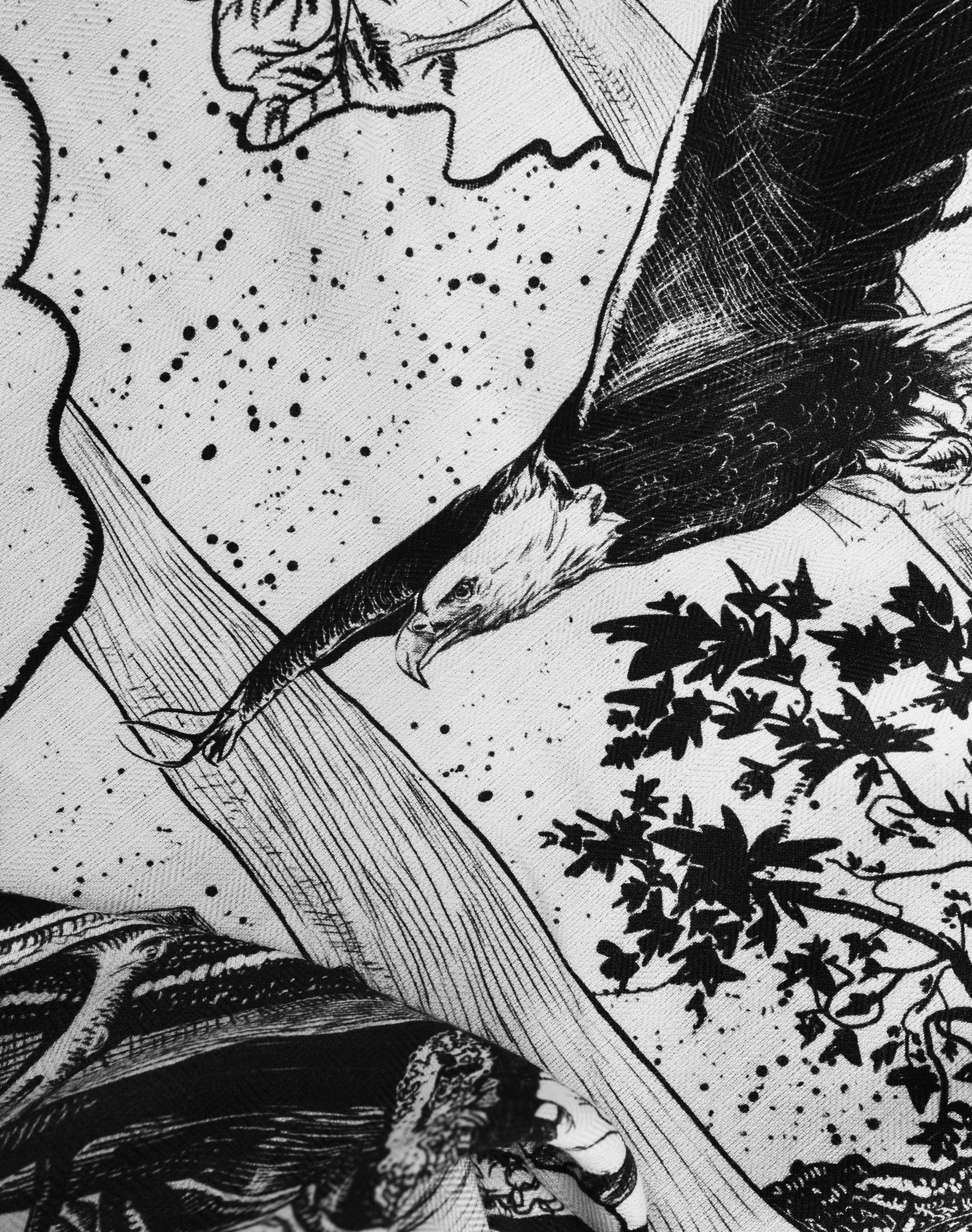 DEEP FOREST designer wool silk shawl — eagle detail in the black and white print