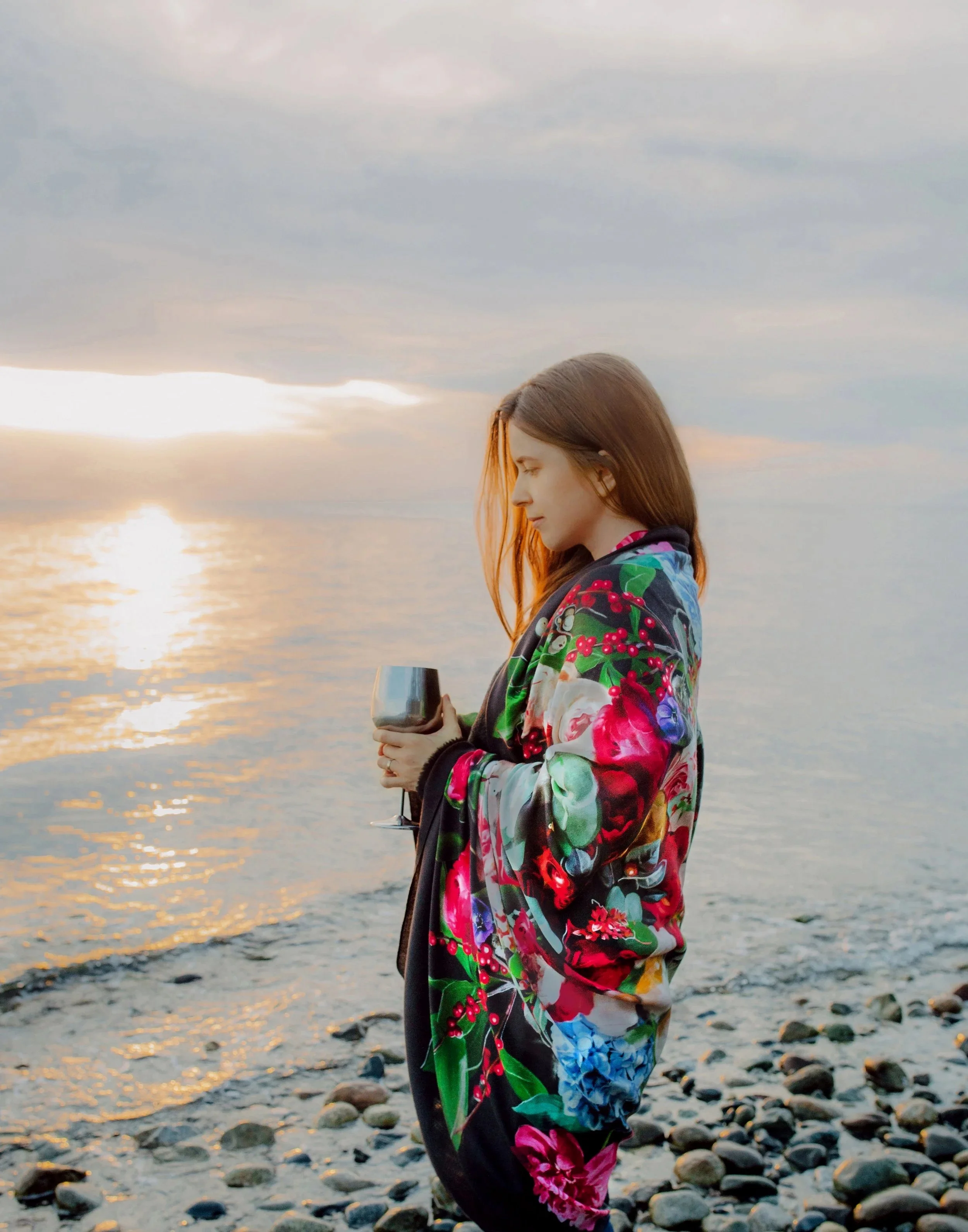 SOUL GARDEN designer wool silk shawl — worn at the beach at sunset