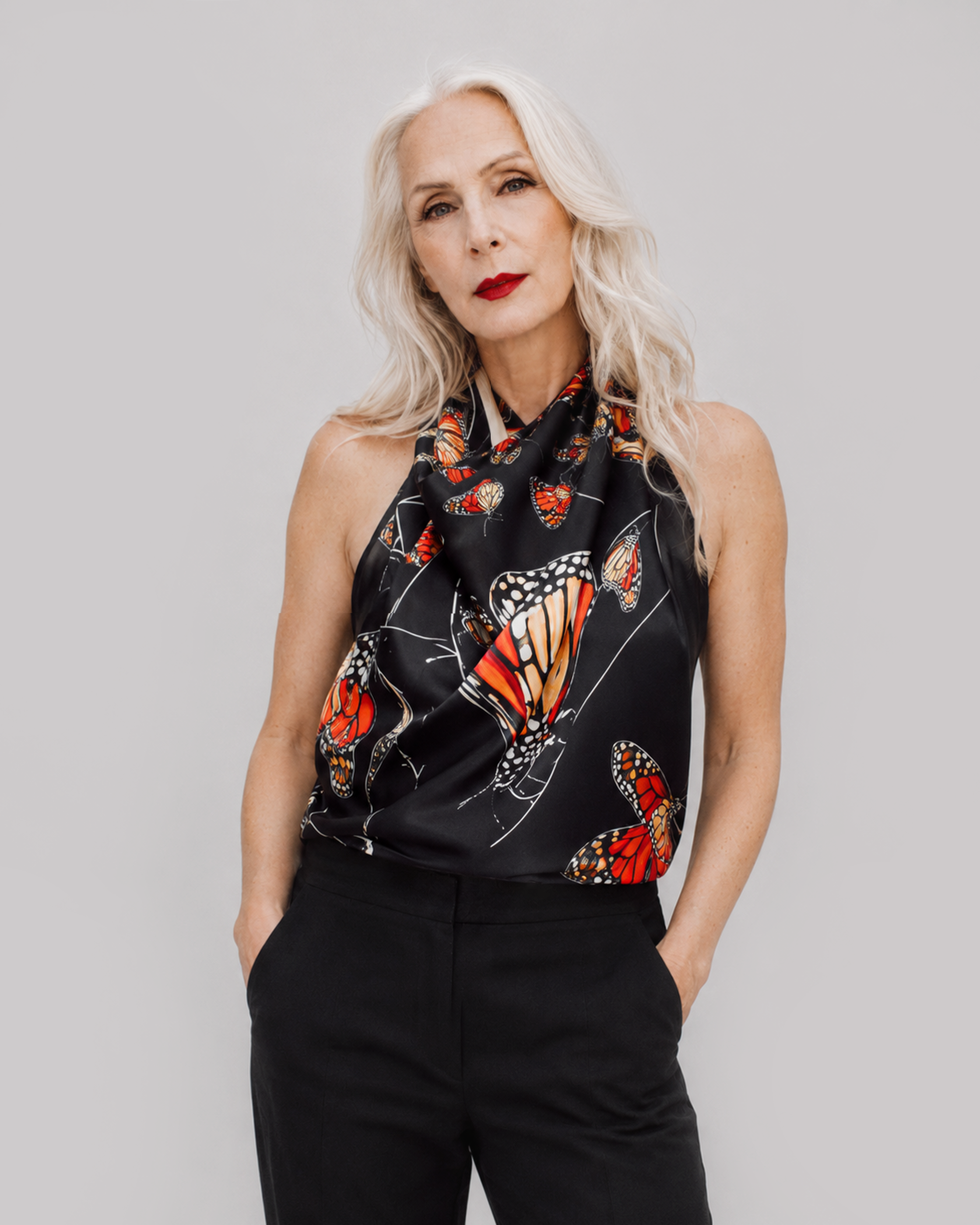 GOLDEN RATIO designer silk scarf by Kristina Wushke — butterfly print scarf worn as a halter top